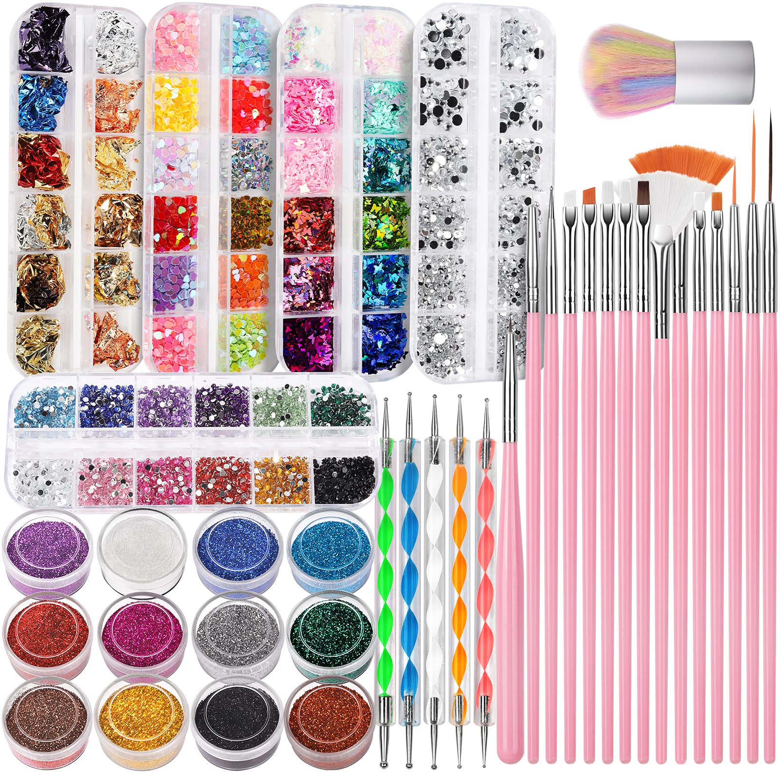 FANDAMEI Professional Nail Art Kit - 48 Pieces Nail Design Tools Set with Brushes, Dotting Pens, Glitter Powder, Sequins, Foil Flakes & Rhinestones | Perfect for DIY Manicure, Home Salon, Party Nail Designs & Gift for Nail Lovers