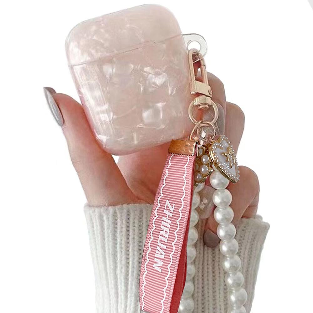 Pearl Keychain AirPods Case Cover - Protective Skin for AirPods 1/2 Charging Case, Cute Pink Earbud Accessories - Perfect for Travel, Gym & Daily Use