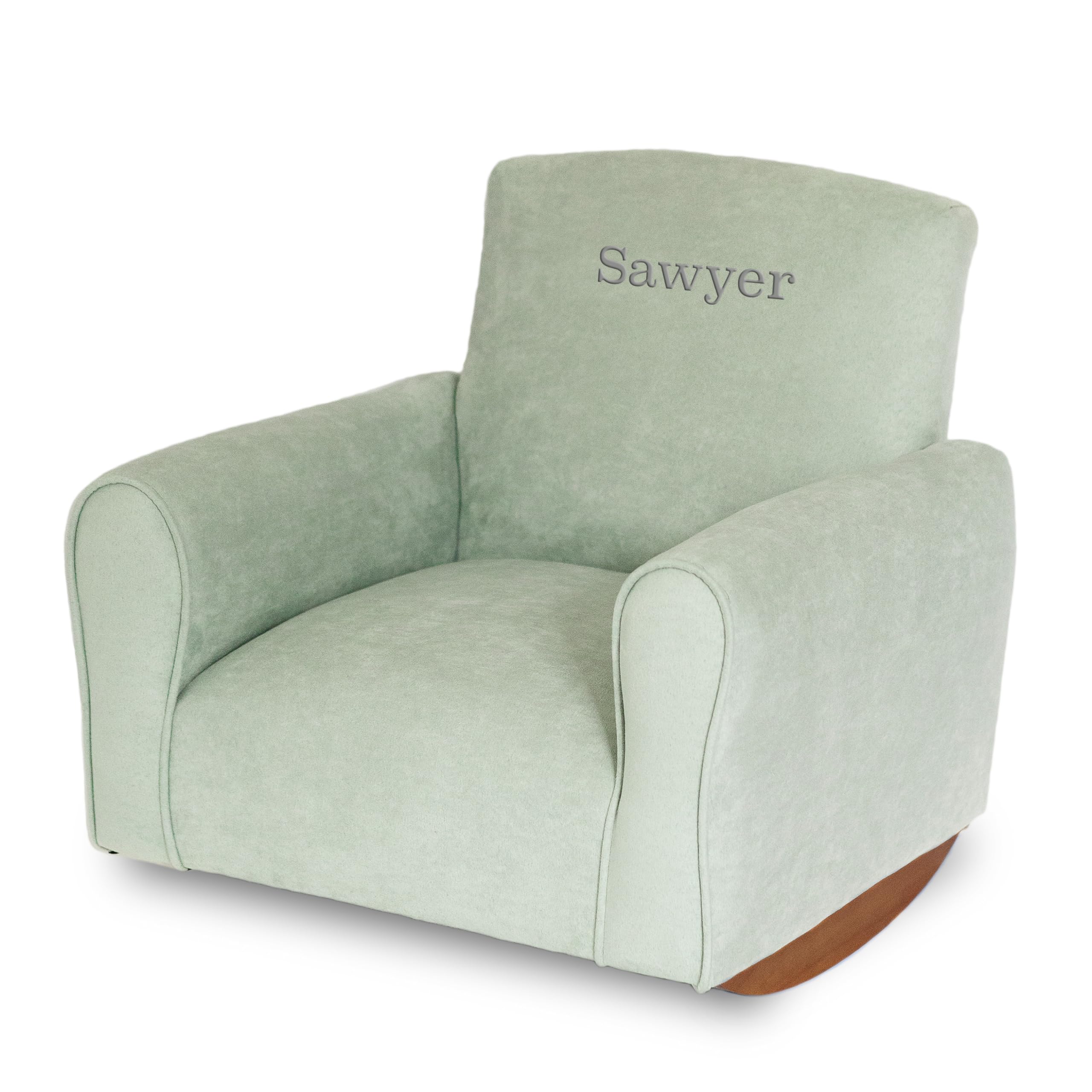 Personalized Kids Rocking Chair with Name - Toddler Upholstered Armchair in Seafoam Green Suede | Comfortable Nursery Furniture for Reading Nook, Bedroom Decor & Gift Ideas