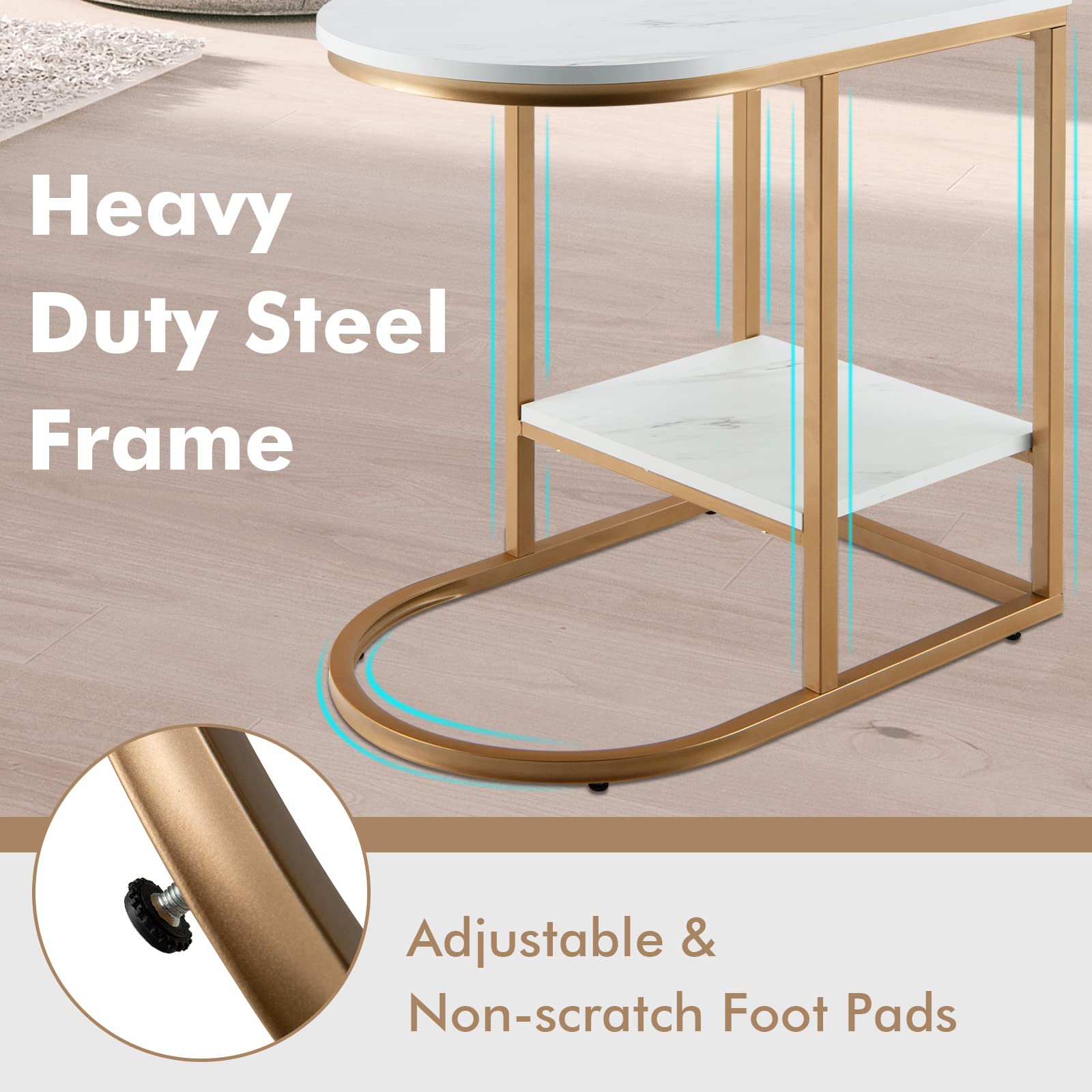 Giantex 2-Piece C-Shape Side Table Set - 2-Tier Faux Marble End Table with Storage Shelf & Sturdy Metal Frame, Sliding Sofa Table for Living Room, Bedroom Nightstand (White & Gold) | Perfect for Small Spaces, Apartment Decor & Coffee Table Alternative