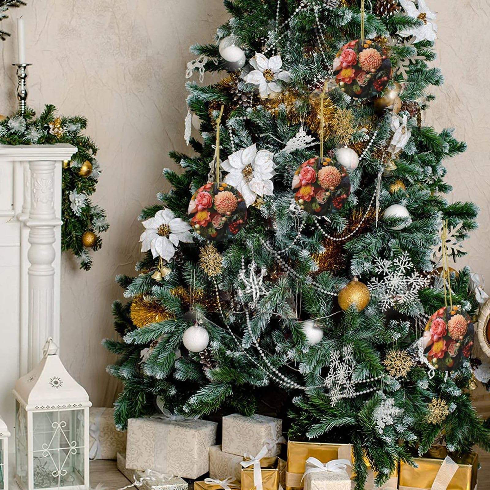Christmas Tree Ceramic Hanging Ornaments - Round Botanical Floral Decor with Gold Ribbon for Holiday Decorations | Perfect for Xmas Tree, Home, Office & Gift Giving