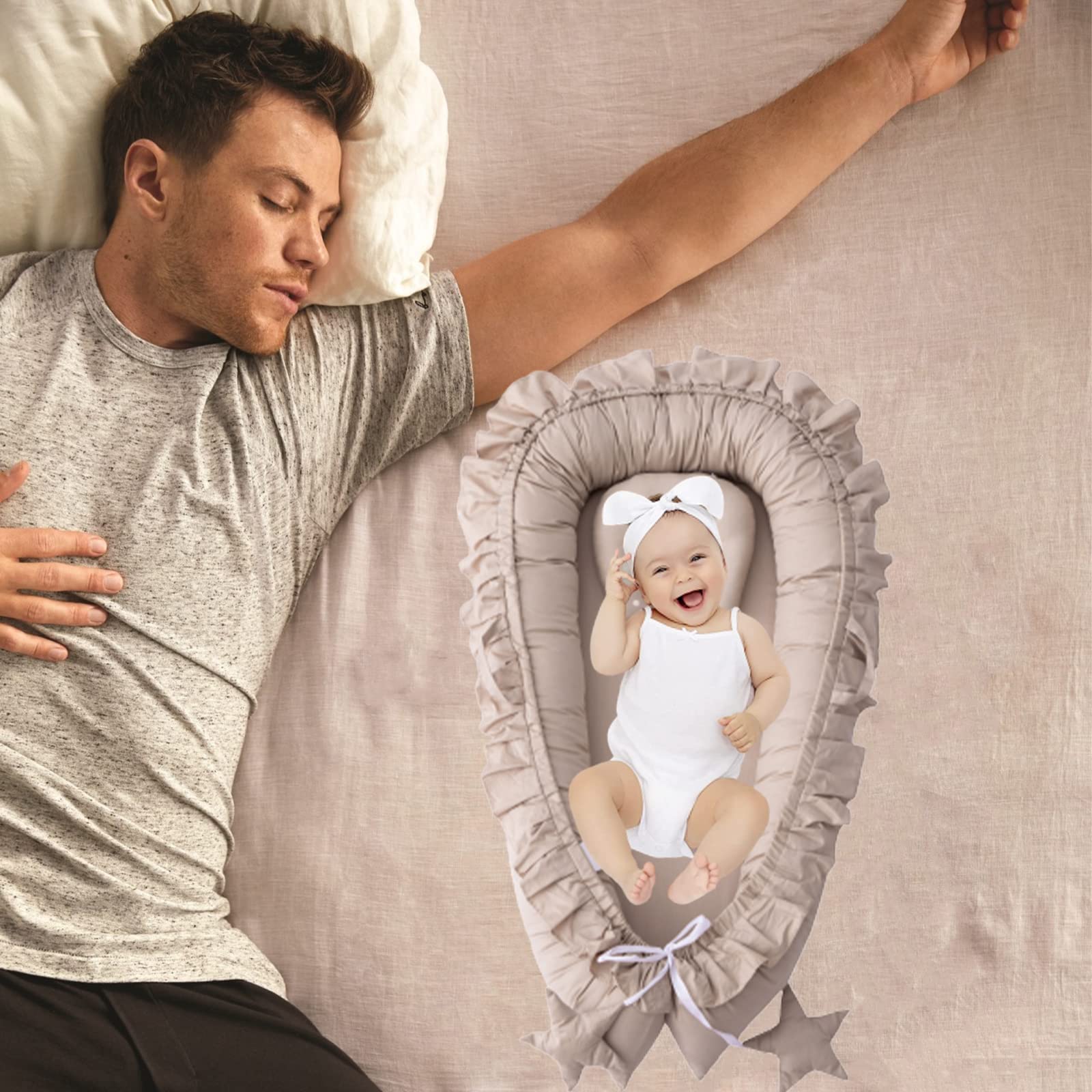 Organic Cotton Baby Lounger for Newborns 0-24 Months - Breathable, Portable Co-Sleeping Nest for Bed - Newborn Essentials (Milk Curry) | Perfect for Nursery, Travel & Breastfeeding Comfort