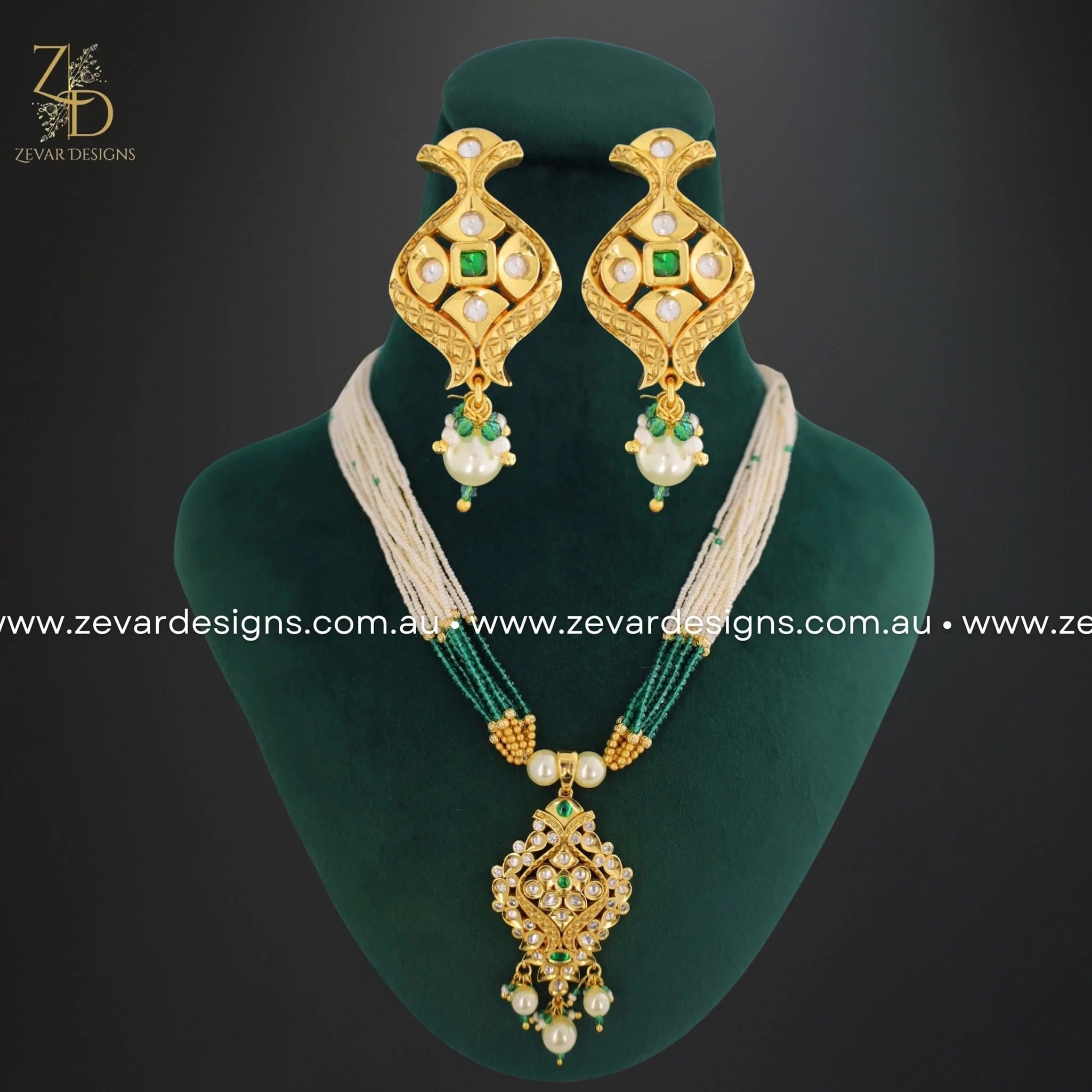 Exquisite Kundan and AD Pendant Set in Emerald Green - Elegant Indian Jewelry for Weddings, Parties & Special Occasions
