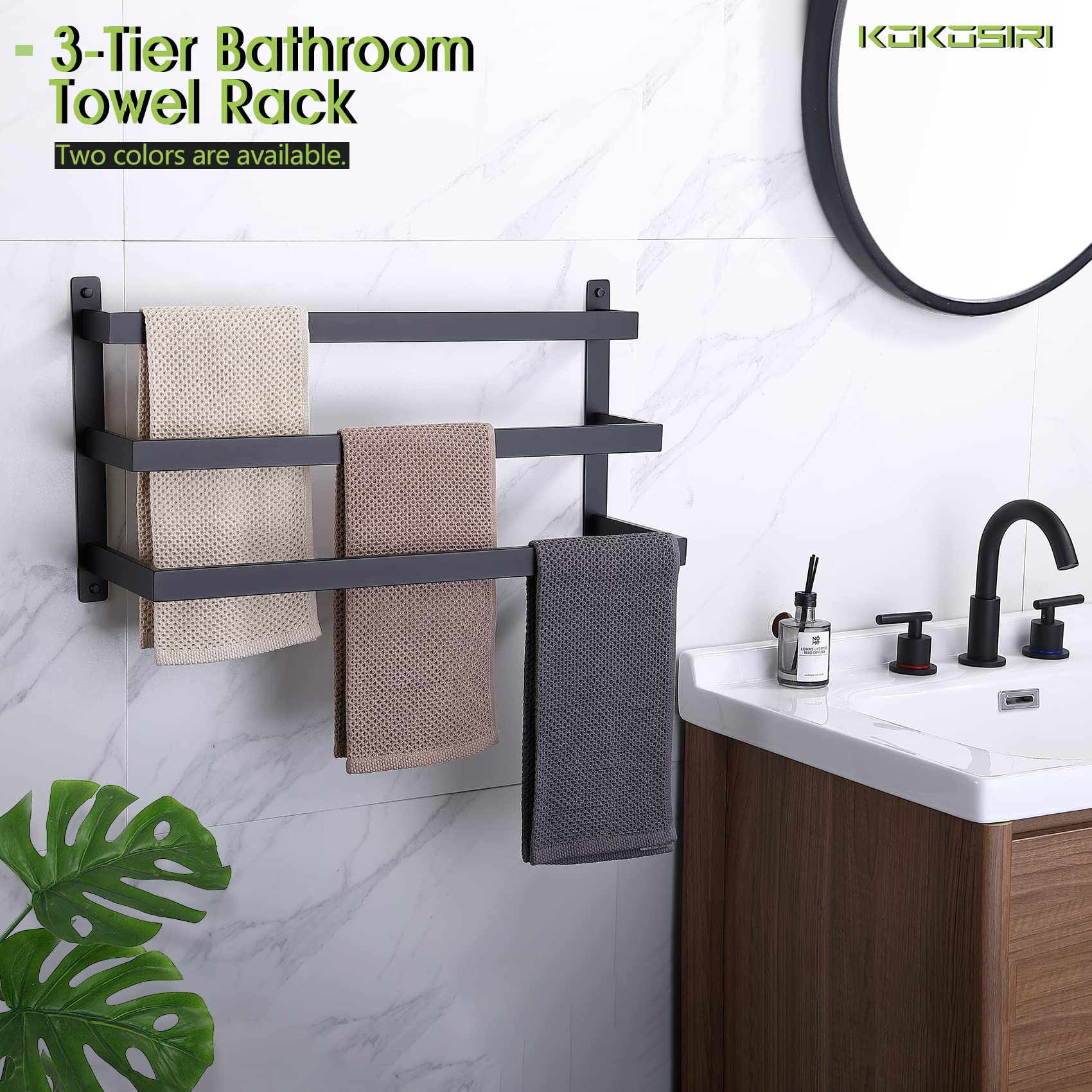 KOKOSIRI 3-Tier Ladder Bathroom Towel Bar & Toilet Paper Holder Set - Matte Black Space-Saving Organizer for Bathroom, Toilet, and Guest Room Storage (B5006BK-L24+B2003BK)
