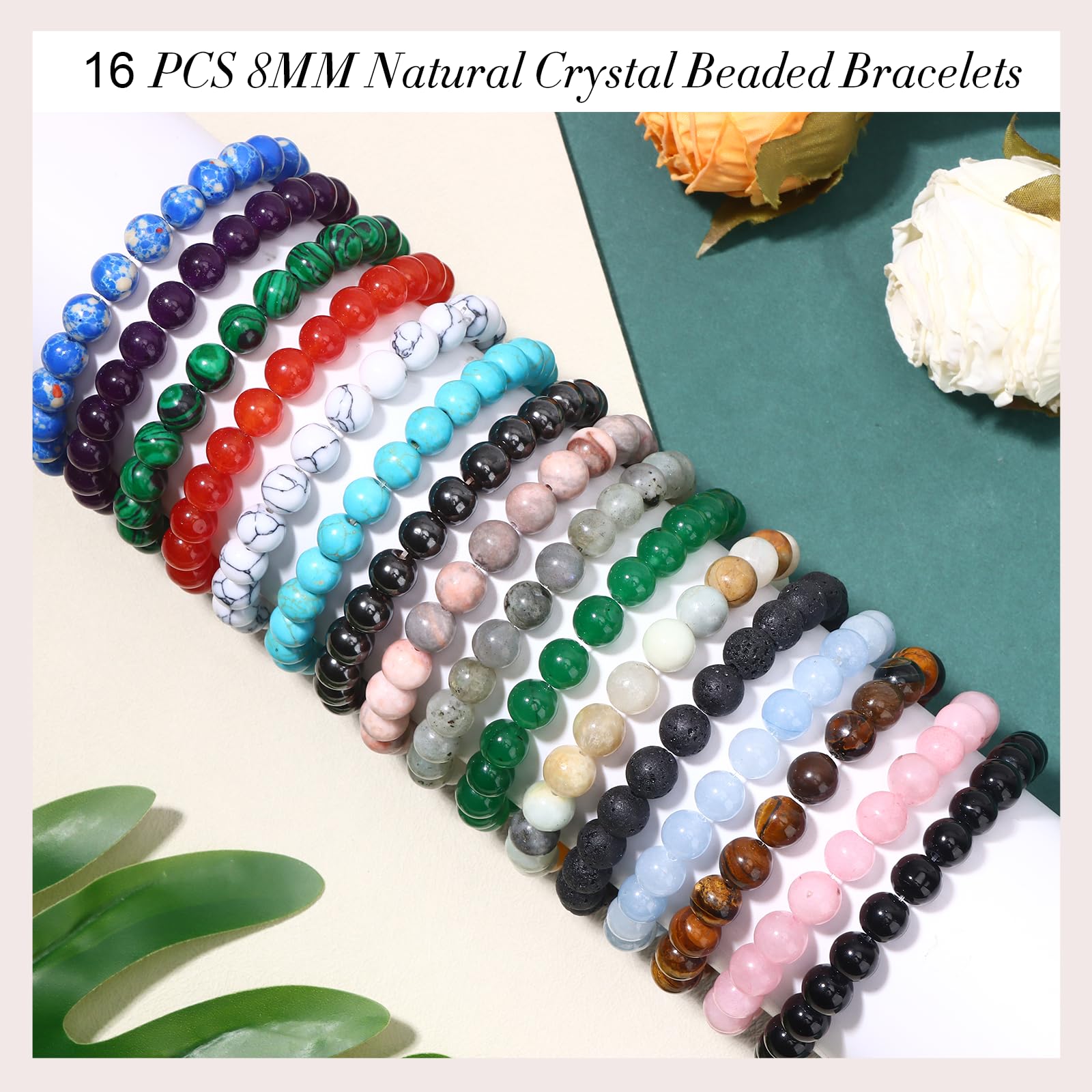 16PCS Natural Crystal Bracelets for Women & Men - 8mm Semi-Precious Gemstone Beaded Stretch Bracelets, Round Yoga Healing Energy Jewelry Gifts for Meditation, Chakra Balancing & Spiritual Wellness