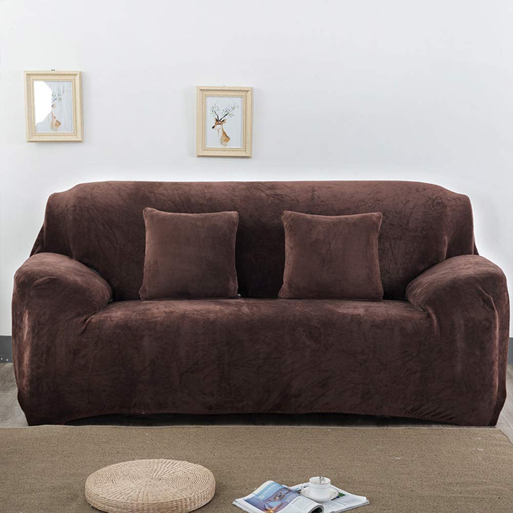Velvet Stretch Sofa Slipcover - Anti-Slip Plush Couch Cover for 4-Seater Loveseat & Chairs (Brown) | Home Decor Upgrade & Pet-Friendly Furniture Protection