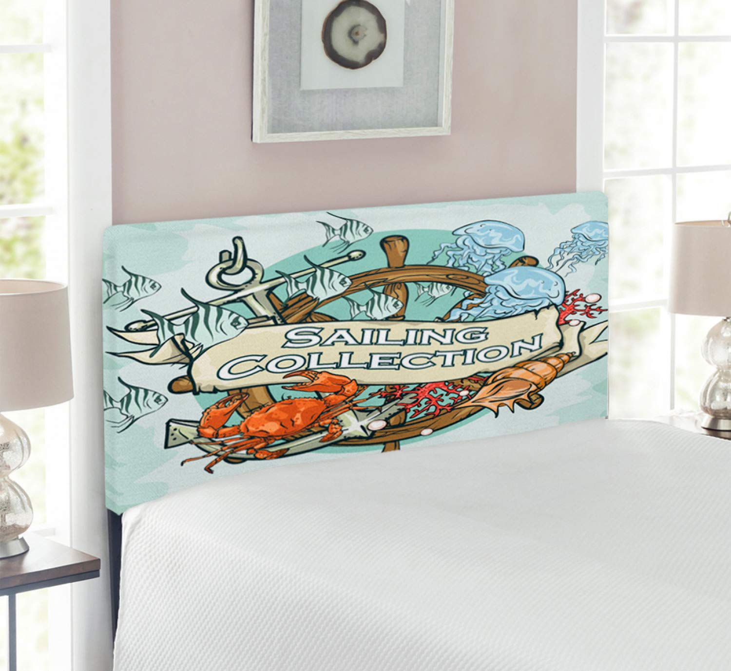 Ambesonne Nautical Twin Size Headboard - Sailing Theme Retro Fisherman Design with Ribbon & Crab Decor, Upholstered Metal Bed Frame with Memory Foam Support in Mint Green Multicolor - Perfect for Coastal Themed Bedrooms & Beach House Decor