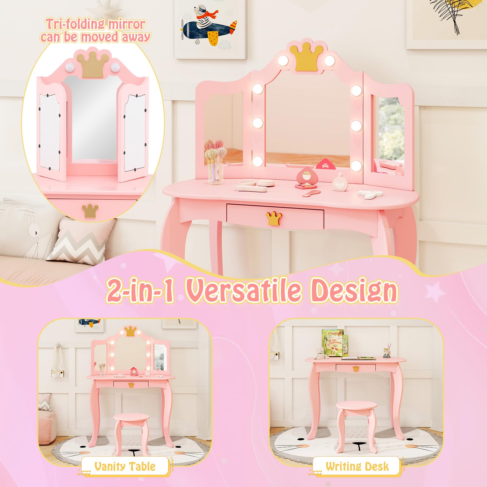 GLACER Pink Wooden Princess Makeup Vanity Set with Mirror, Stool & LED Lights - 2-in-1 Kids Vanity Desk with 3 Lighting Modes, Storage Drawer & Chair - Perfect for Bedroom Decor, Birthday Gifts & Pretend Play for Girls Ages 3-8