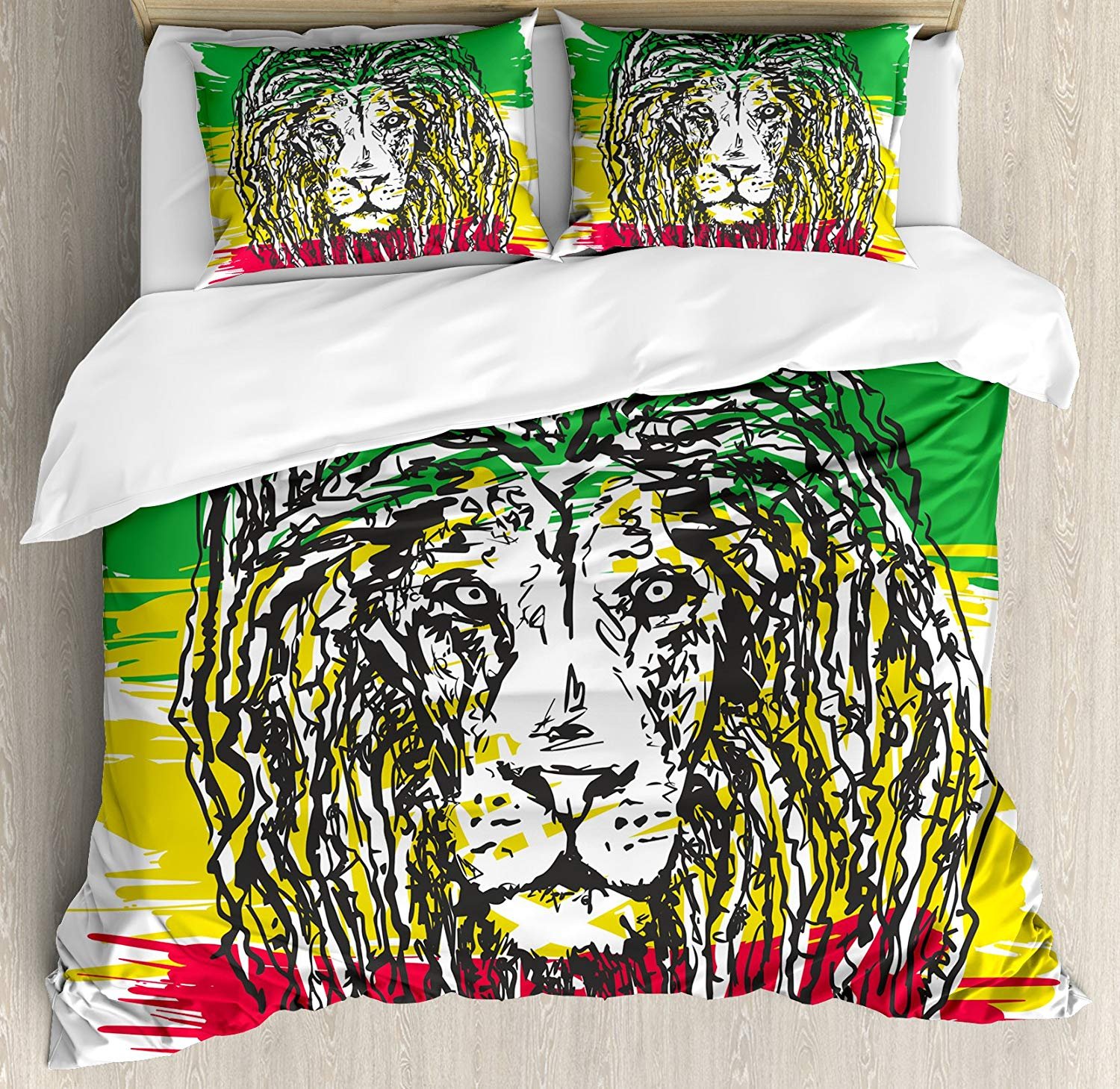 3 Piece Queen Size Rasta Bedding Set with Lion Head Portrait - African Culture Inspired Duvet Cover & 2 Pillow Shams - Perfect for Bohemian & Grunge Style Bedrooms