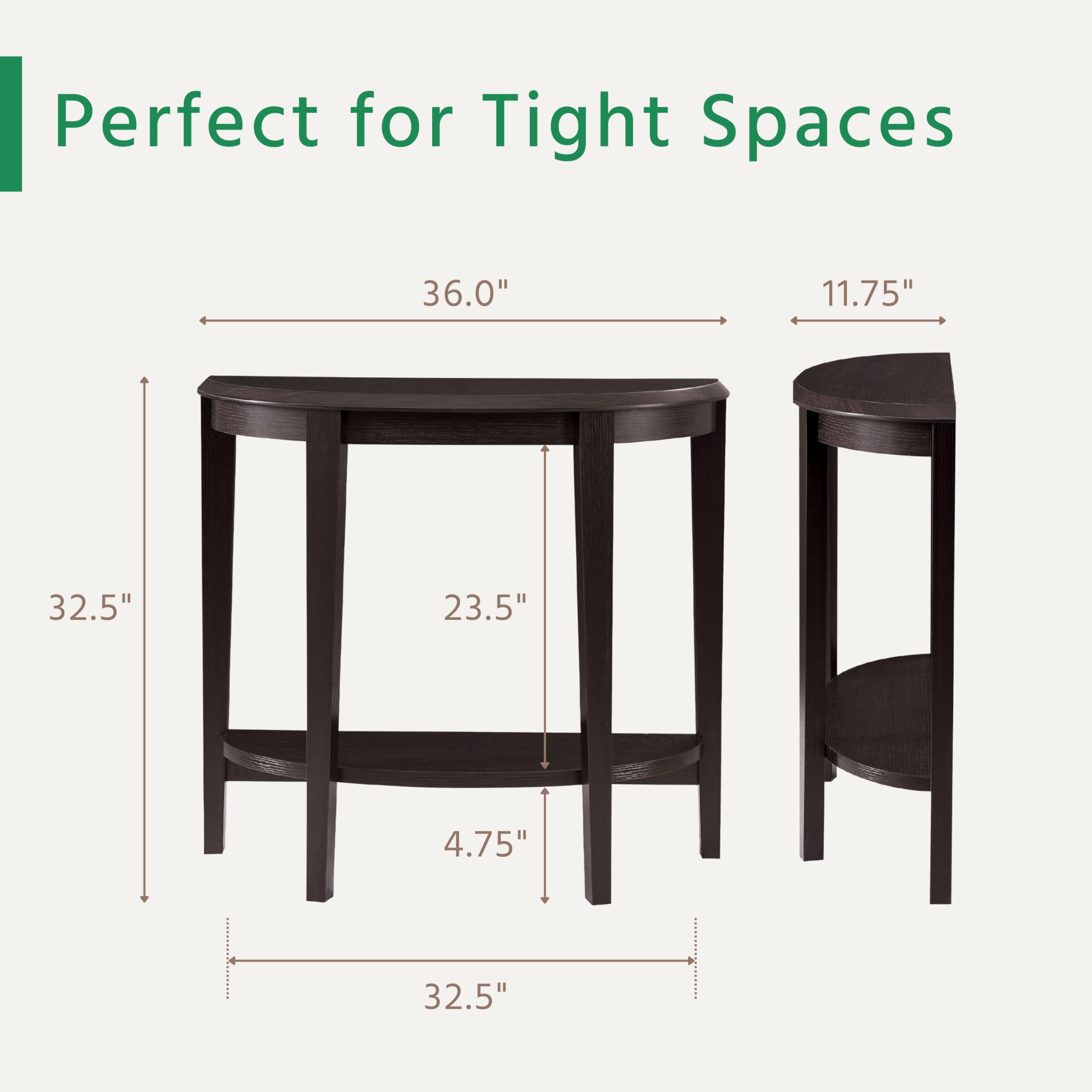 Payne Modern Half Moon Console Table with Storage Shelf - Entryway Furniture for Living Room, Hallway & Small Spaces - Cappuccino Finish - Perfect for Home Decor & Space Saving Solutions