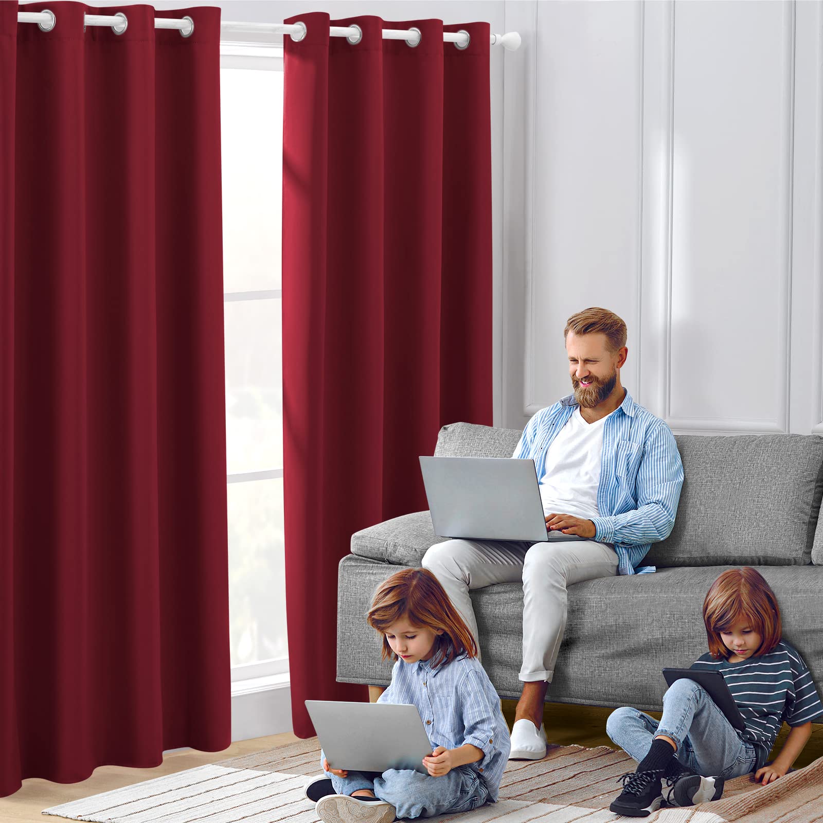 Blackout Curtains for Bedroom - 52x96 Inch Long 2 Panels Set, Burgundy Red Room Darkening Thermal Insulated Soundproof Grommet Window Drapes for Living Room & Bedroom | Perfect for Light Sleepers, Home Theater & Noise Reduction