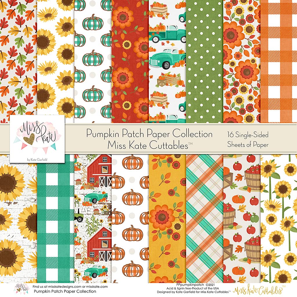 Premium Pumpkin Patch Pattern Paper Pack - 16 Single-Sided 12x12 Scrapbook Sheets for Fall, Thanksgiving & Halloween Crafts - Perfect for Card Making, DIY Decor, Photo Albums by Miss Kate Cuttables