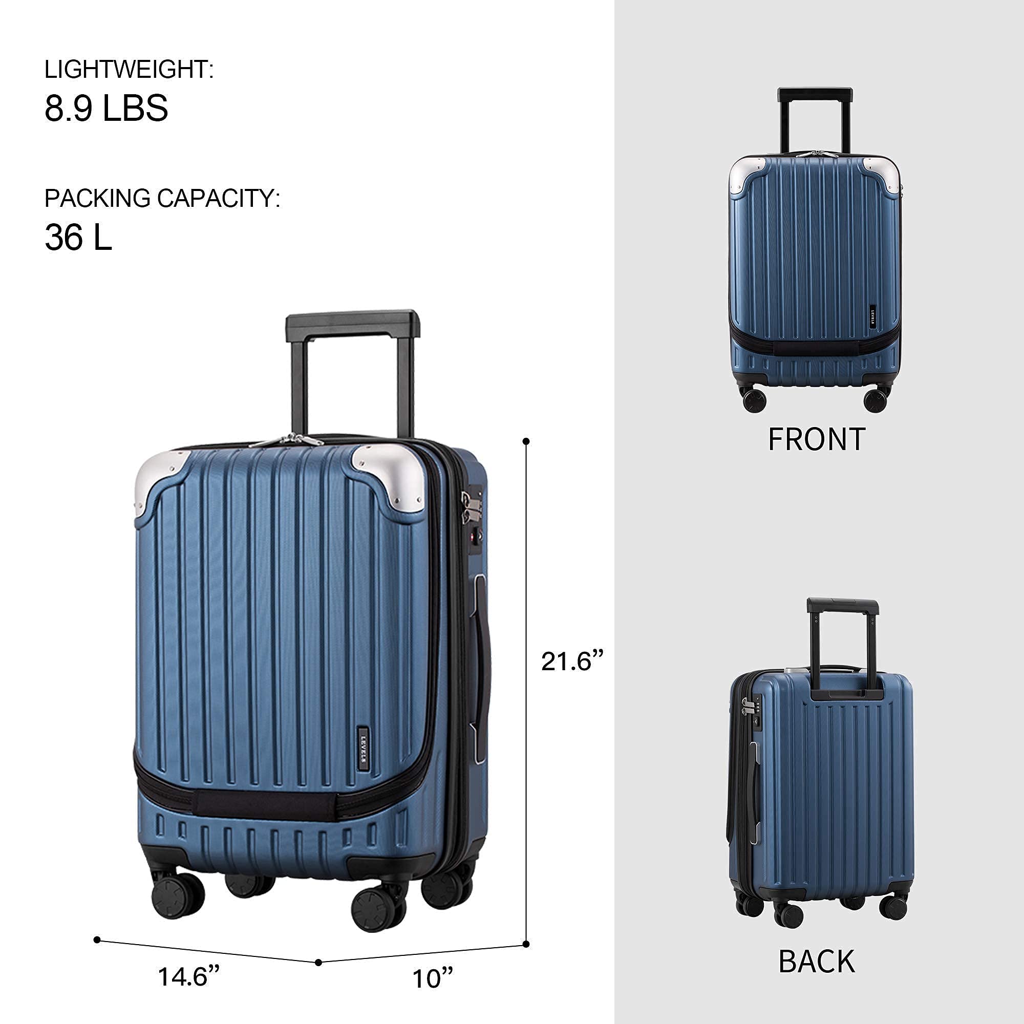 LEVEL8 Grace Expandable 20 Inch Carry On Luggage Suitcase with 4 Piece Packing Cubes Set - Lightweight Spinner Travel Bag for Women & Men, Perfect for Airplane Cabin & Weekend Trips (Blue)