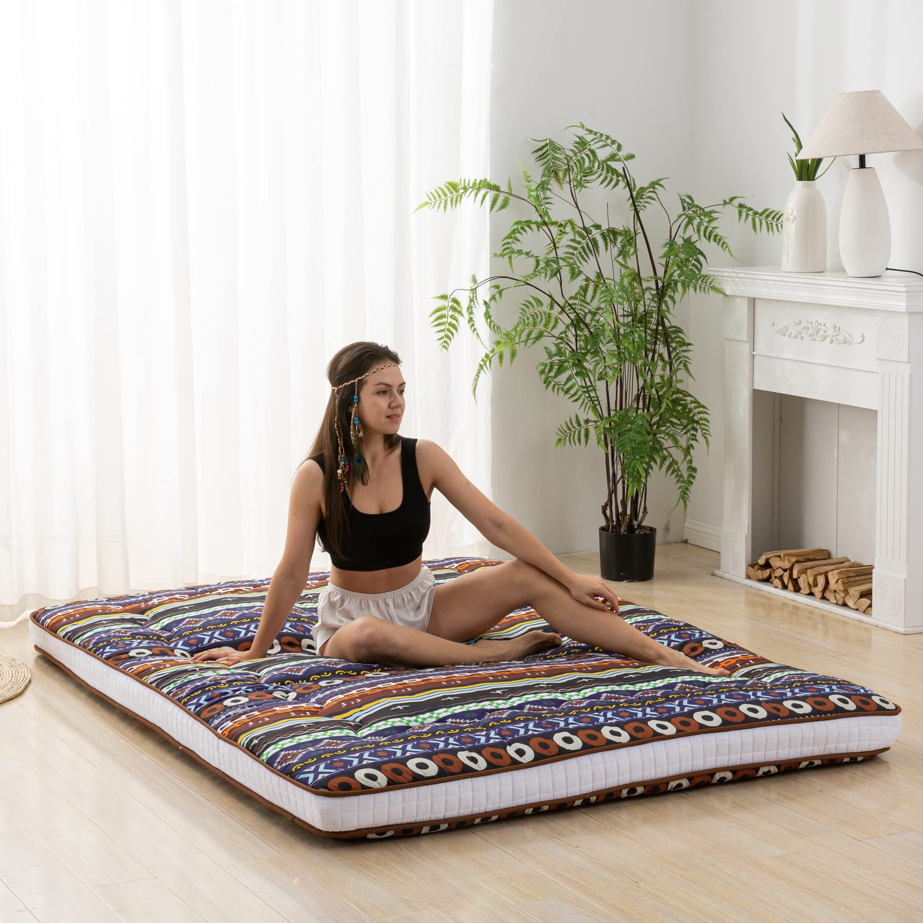 Japanese Floor Futon Mattress - Extra Thick 4 Inch Foldable Roll Up Bed Topper Mat for Guest, Lounger & Travel - Perfect for Small Spaces, Camping & Home Decor