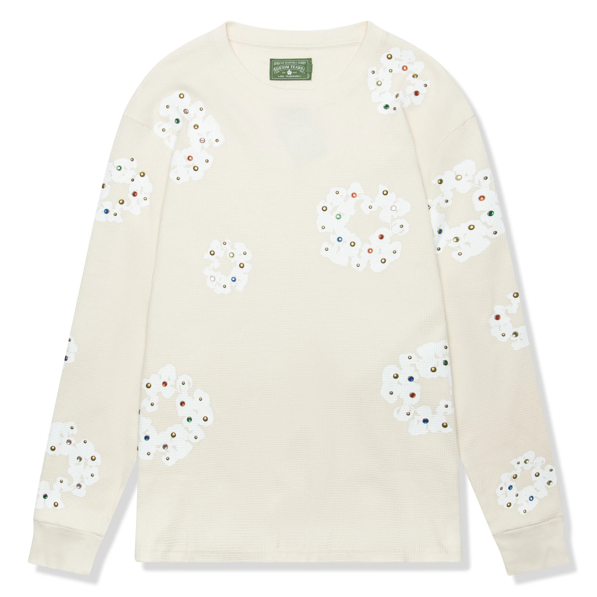 Denim Tears Rhinestone Cotton Wreath Long Sleeve Thermal T-Shirt - Oatmeal Color for Men | Vintage Streetwear Fashion | Perfect for Casual Outfits, Winter Layering & Hip-Hop Style