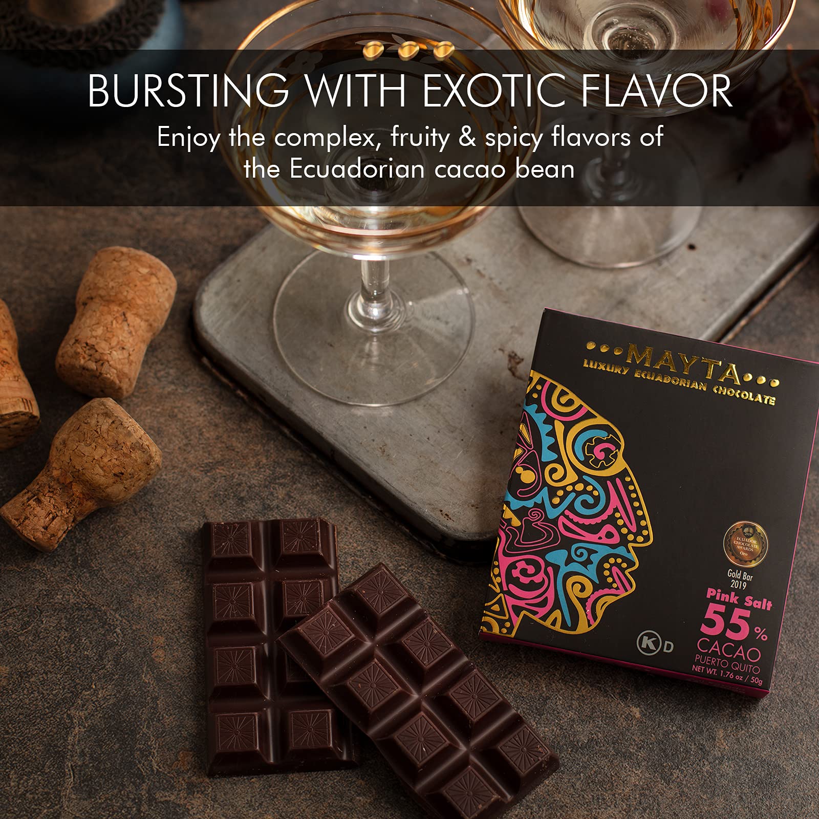 Mayta Gourmet Dark Chocolate Bars 55% Cacao with Ecuadorian Fine Aroma Cocoa, Exotic Fruits & Pink Salt - 12 Pack (600g) Premium Craft Chocolate for Gifts, Desserts & Gourmet Snacking