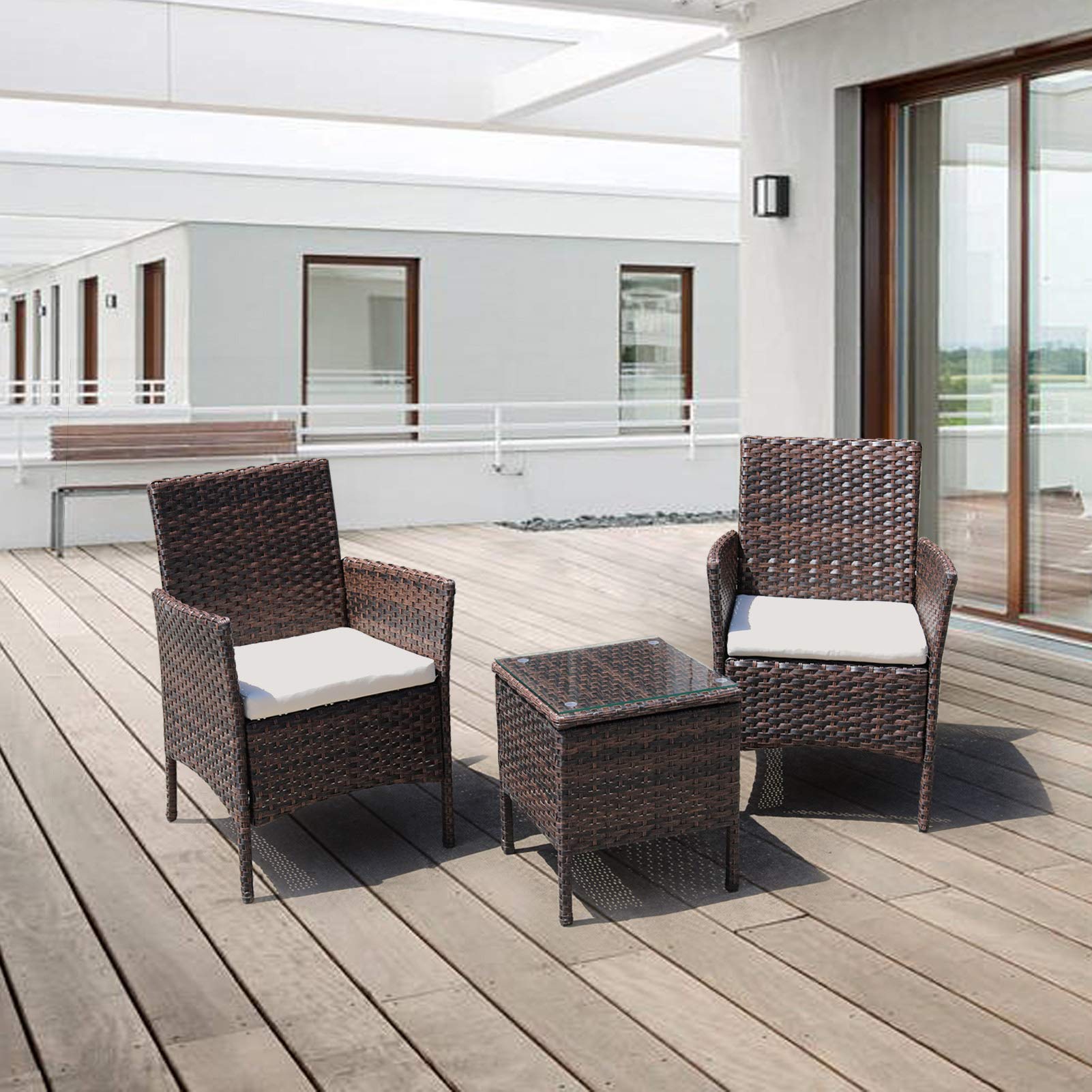 3-Piece Outdoor Rattan Patio Furniture Set - Wicker Chairs with Coffee Table - Brown Rattan Garden Set for Porch, Lawn, Poolside & Backyard Relaxation