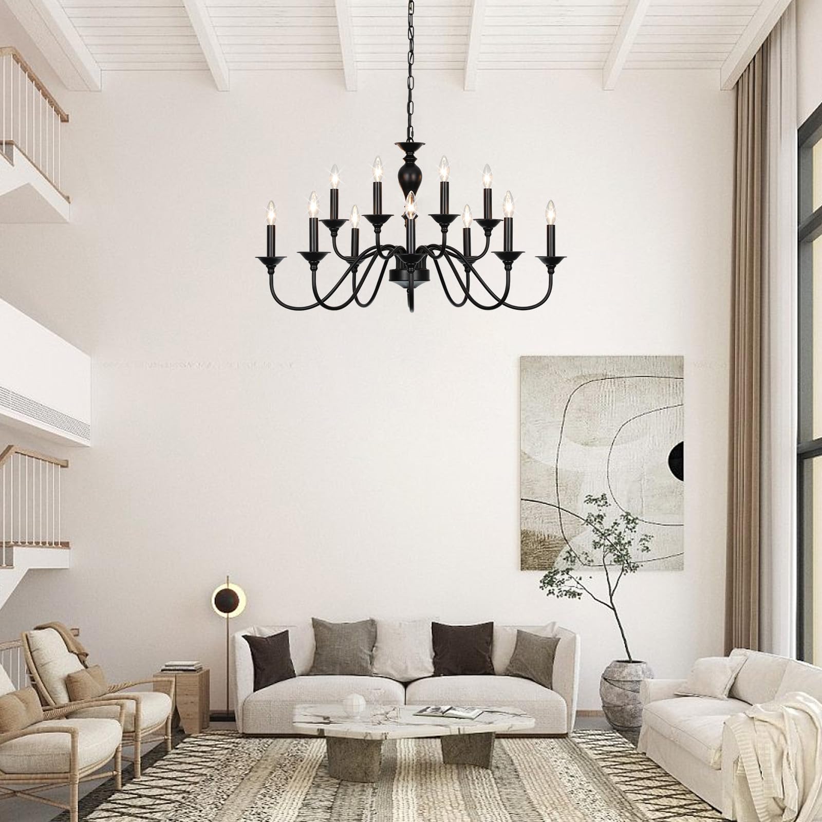 12-Light Black Farmhouse Chandelier - Industrial Candle Hanging Light Fixture for Dining Room, Kitchen Island, Living Room, Foyer & Staircase | Rustic Ceiling Lighting for Farmhouse Decor & Modern Homes