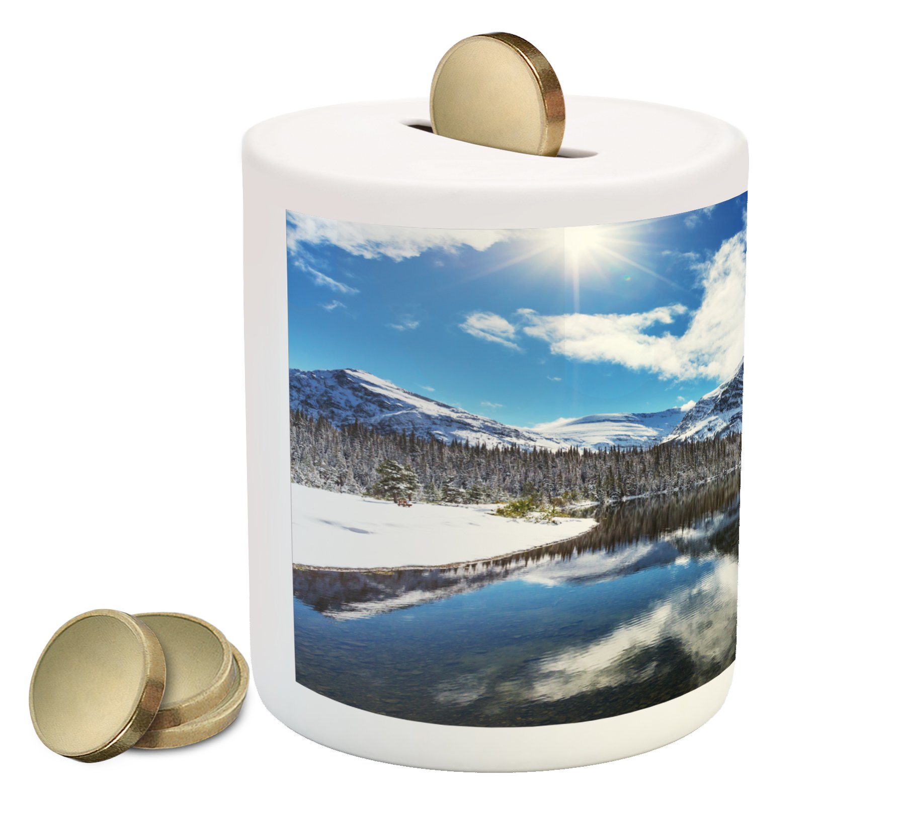 Ambesonne Ceramic Piggy Bank with Glacier National Park Winter Scene - Brown, Blue & White Money Box for Cash Savings | Perfect for Home Decor, Gift Giving & Teaching Kids Financial Responsibility