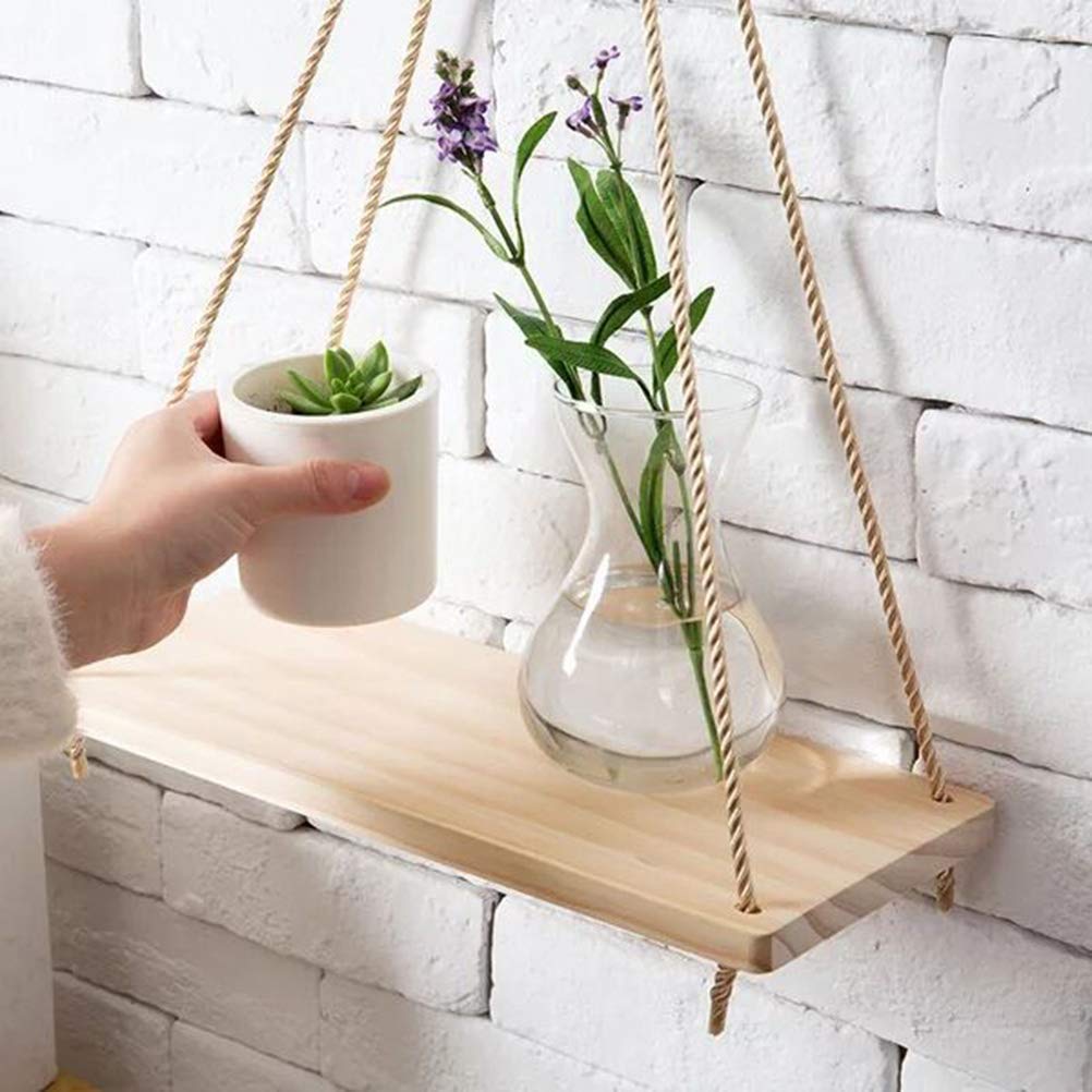 Hemoton 2-Pack Hanging Rope Shelf - Wooden Storage Basket & Sling Pot Holder for Kitchen, Bathroom, Bedroom Organization - Perfect for Plants, Towels, and Home Decor
