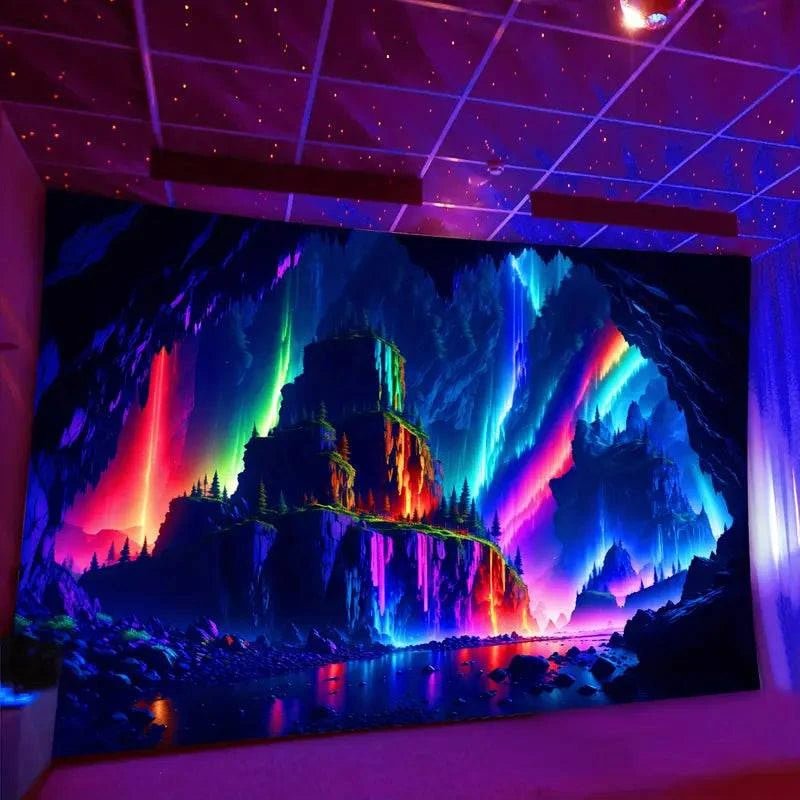 Cave Landscape Glow in the Dark Tapestry - UV Reactive Wall Art Decor for Bedroom, Living Room & Dorm Room Aesthetic