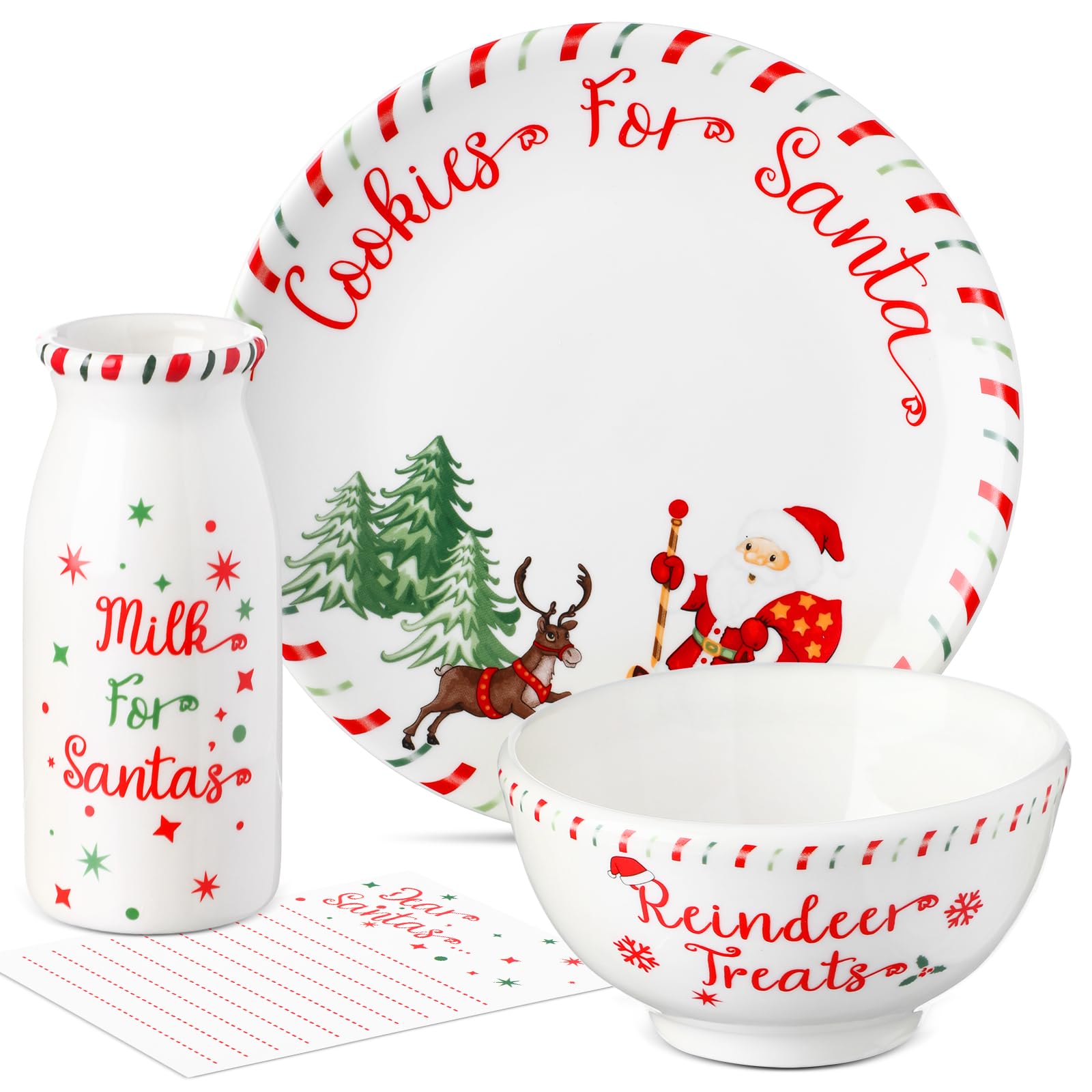 Christmas Cookies for Santa Plate Set - Holiday Dinnerware with Milk Jar, Reindeer Treat Bowl & Dear Notepad - Perfect for Kids Christmas Eve Gifts & Festive Cookie Decorating (Tree Design)