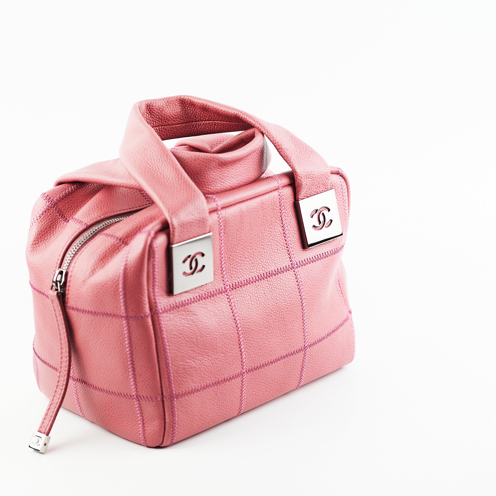 Chanel Caviar Square Stitch Bowler Bag in Pink | Luxury Designer Handbag for Women | Perfect for Parties, Weddings & Special Occasions