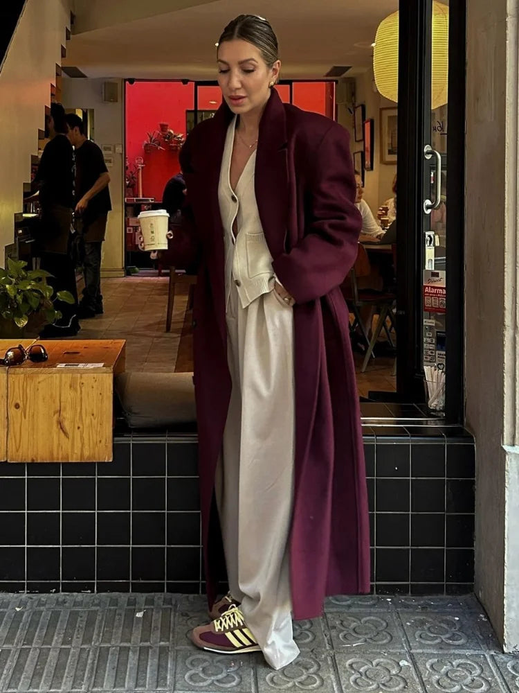 Stylish Burgundy Red Double Breasted Oversized Overcoat for Women - Casual Lapel Pockets Long Sleeve Coat - High Street Fashion for Work, Dating & Fall/Winter Outfits