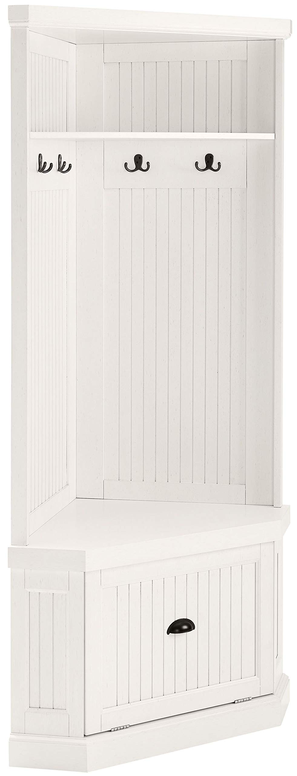 Crosley Furniture Seaside Corner Hall Tree - Distressed White Coat Rack with Bench & Storage | Perfect for Entryway, Mudroom & Small Space Organization