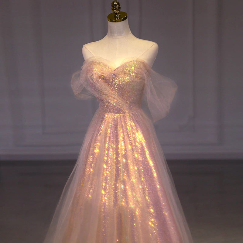 Sparkly Off Shoulder Pink Long Prom Dress with Bling - Elegant Evening Gown for Homecoming, Quinceañera & Formal Events