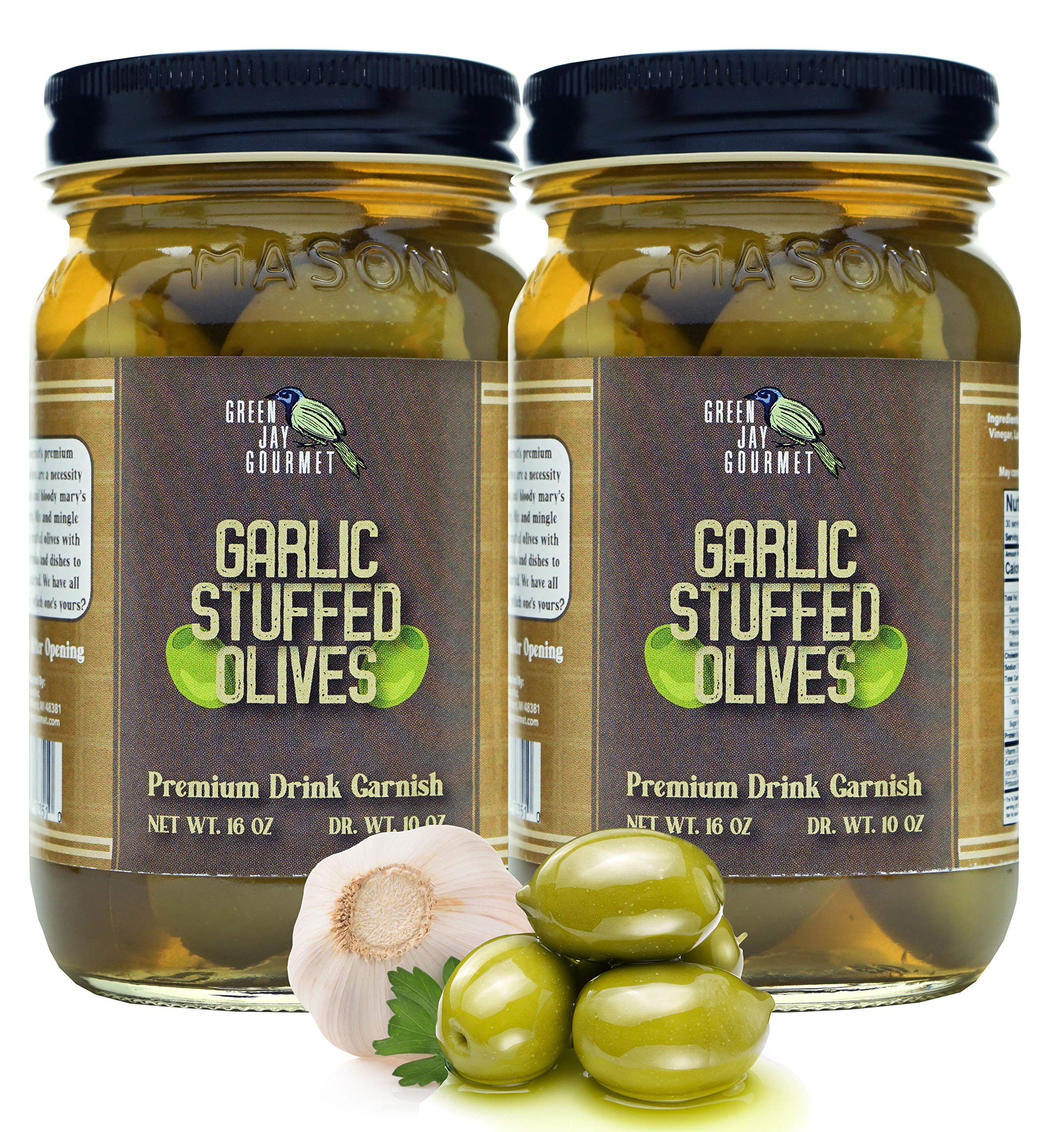 Premium Green Jay Gourmet Garlic Stuffed Olives - Large All-Natural Stuffed Green Olives for Dirty Martinis, Cocktail Garnish & Charcuterie Boards - Perfect for Home Bars, Dinner Parties & Gourmet Gift Baskets - 2 Pack (32oz Total)