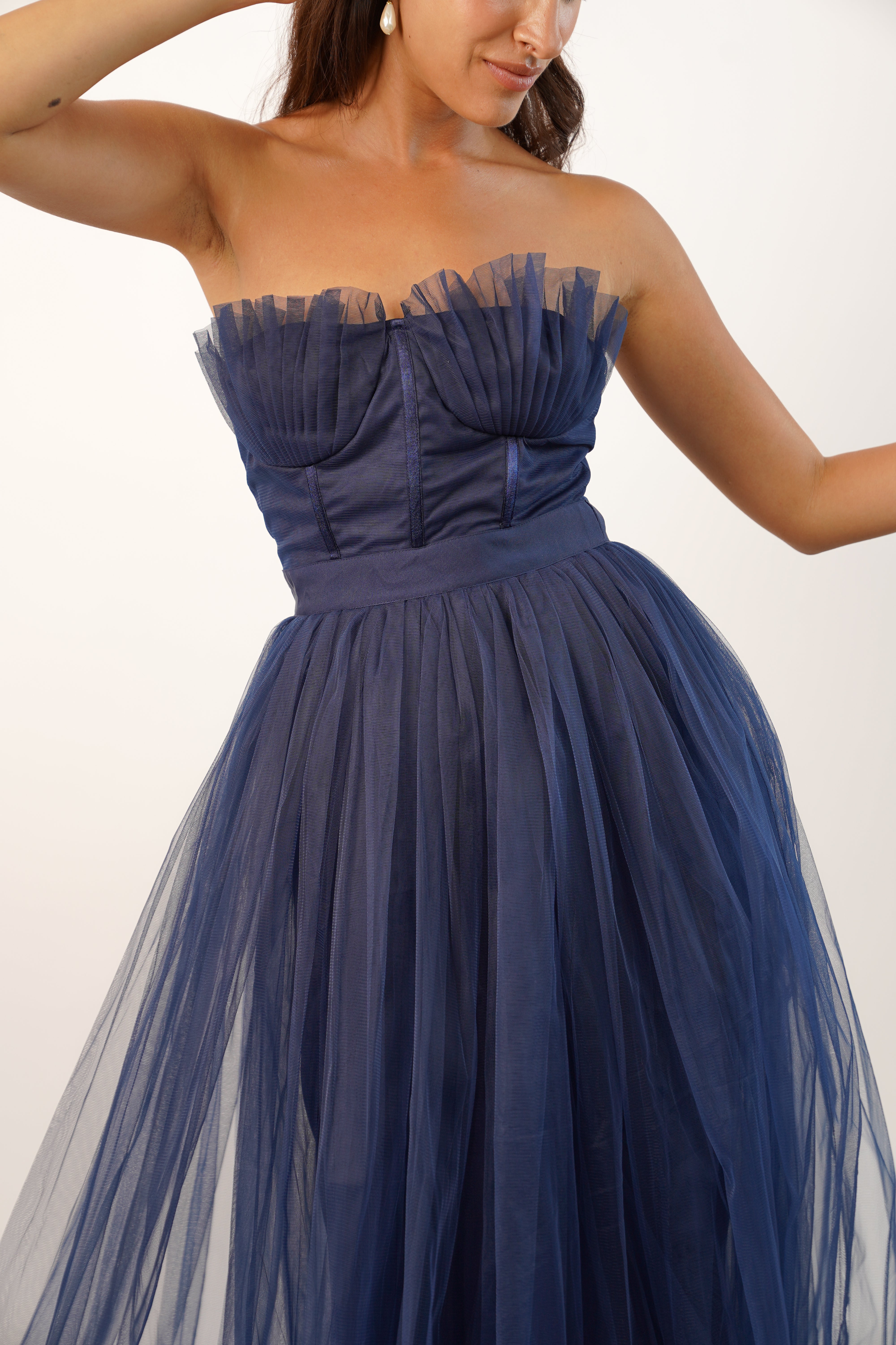 Nimo Dark Blue Tulle Midi Dress with Shell Cups - Elegant Formal Evening Gown for Prom, Wedding Guest & Cocktail Party