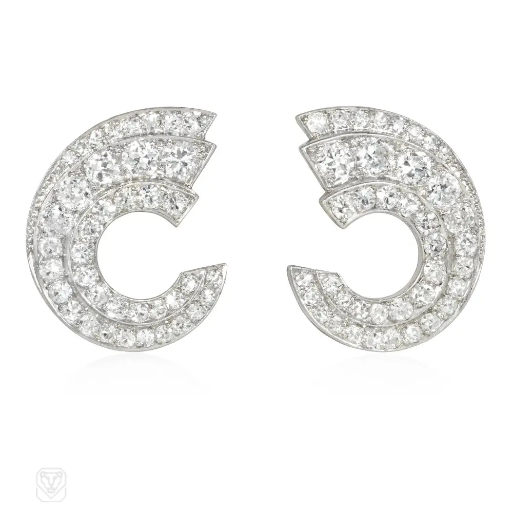 Art Deco Platinum and Diamond Scroll Earrings - Vintage Inspired Jewelry for Weddings, Parties & Special Occasions