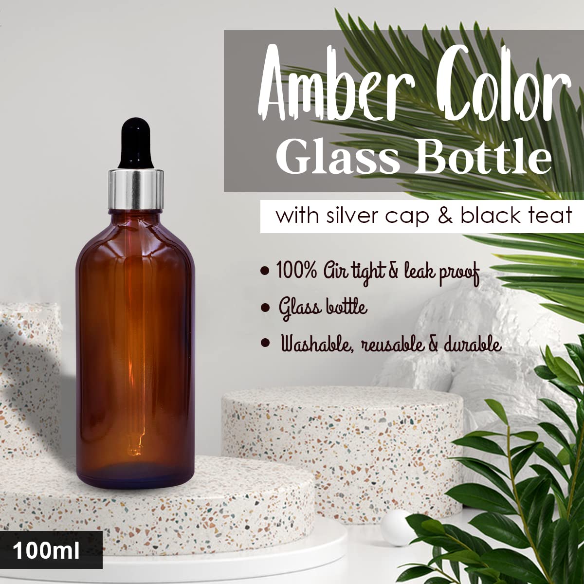 NSB Herbals 100ml Amber Round Empty Glass Bottle with Glass Dropper, Silver Ring & Black Silicone Teat - Refillable Essential Oil Bottle for DIY Perfumes, Aromatherapy, and Herbal Extracts (Pack of 1)