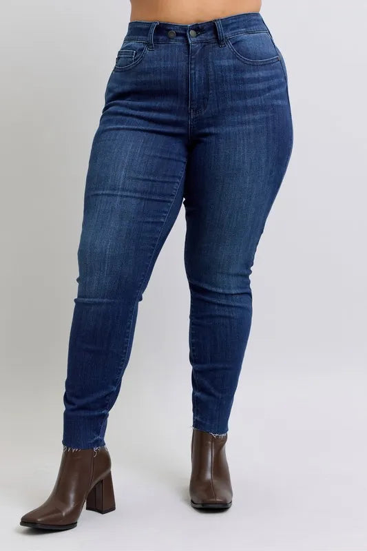 Judy Blue Women's Plus Size Mid Rise Skinny Jeans with Raw Hem - Stretch Denim Pants for Casual Wear & Everyday Comfort