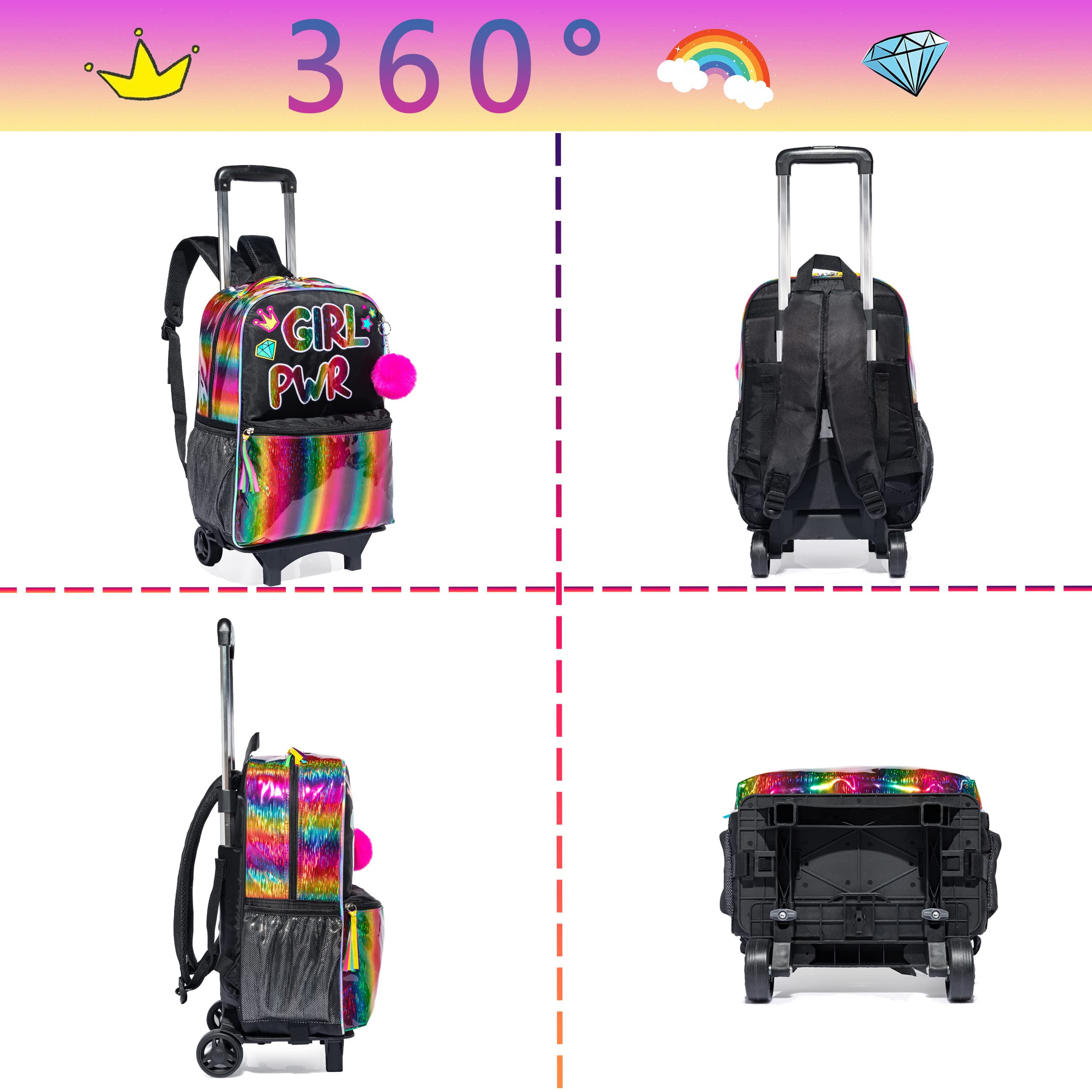 16 Inch Rolling Backpack for Girls - Kids Wheeled School Backpack with Retractable Handle, Durable Bookbag Suitcase for Kindergarten & Travel (Ages 4-6) - Perfect for School, Day Trips & Airplane Carry-On