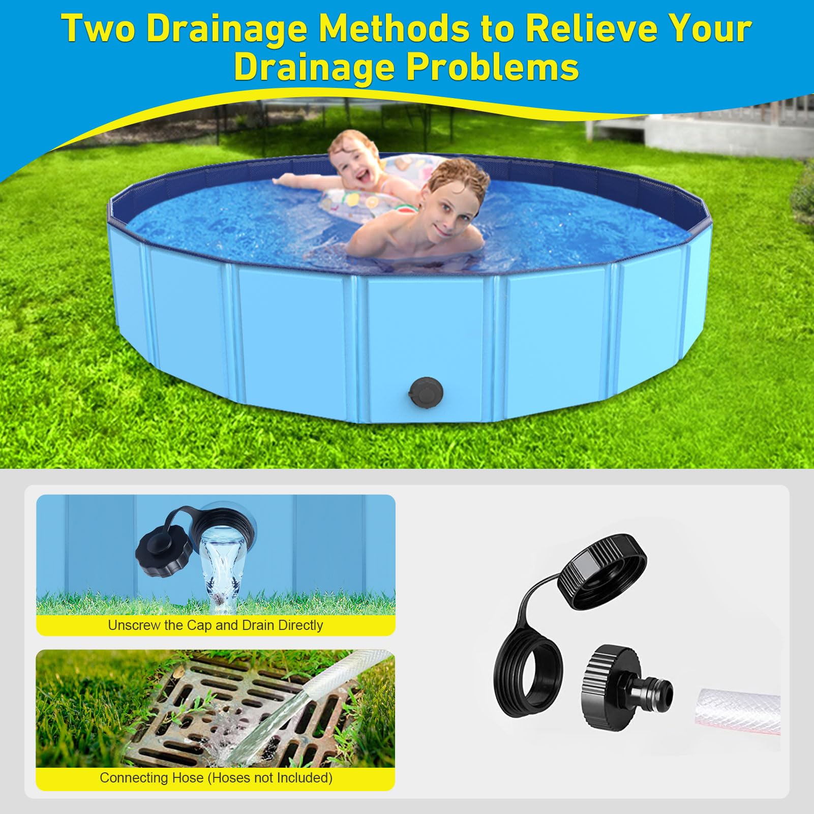 Foldable Dog Pool - Portable PVC Pet Swimming & Bathing Tub with Drainage for Dogs, Cats & Kids (63