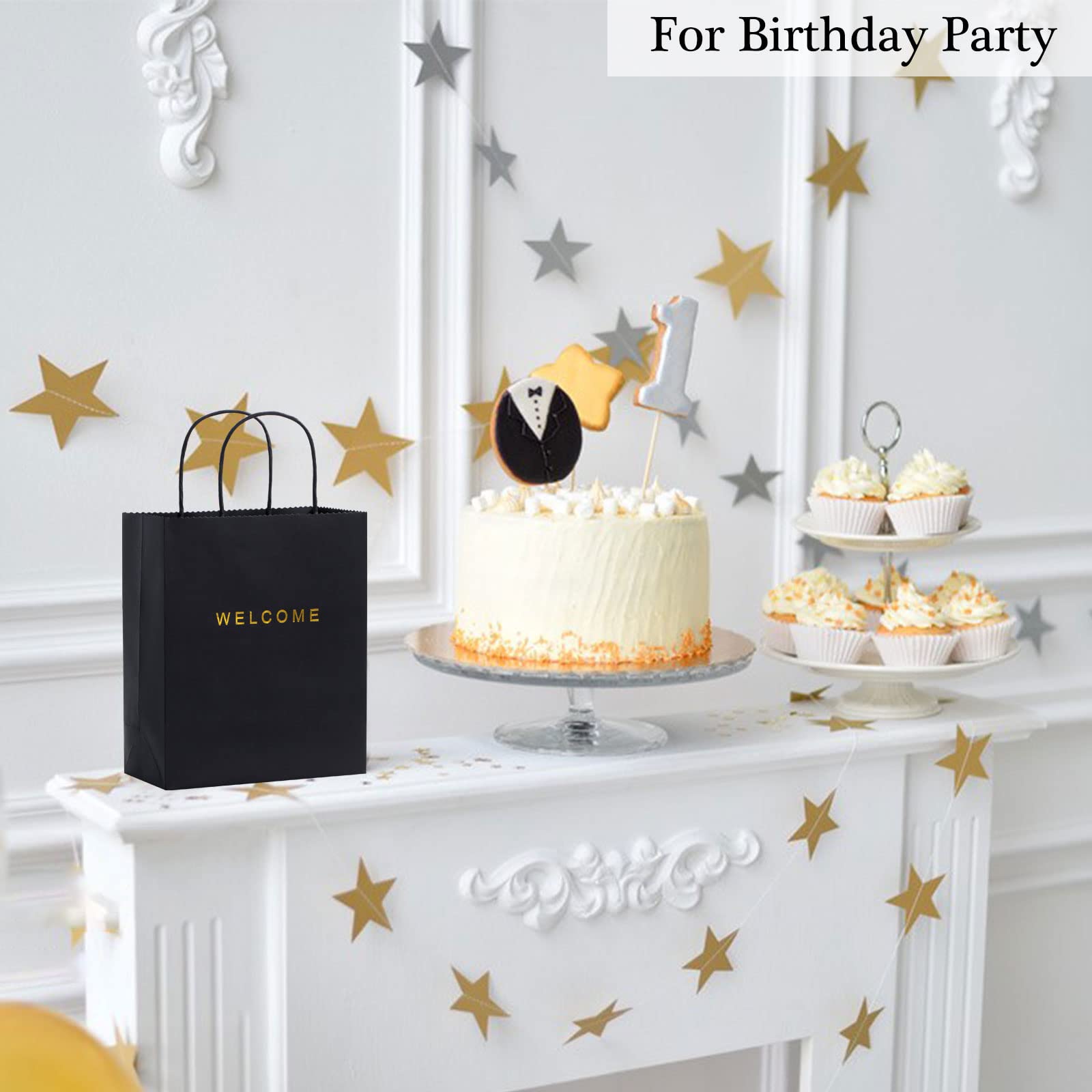 50 Pack Black Welcome Gift Bags with Handles - 7.9 x 3.7 x 9.4 Inches, 250g Paper - Perfect for Weddings, Parties, Retail & Shopping Bags - Bulk Welcome Bags for Guests, Bridal Showers & Corporate Events