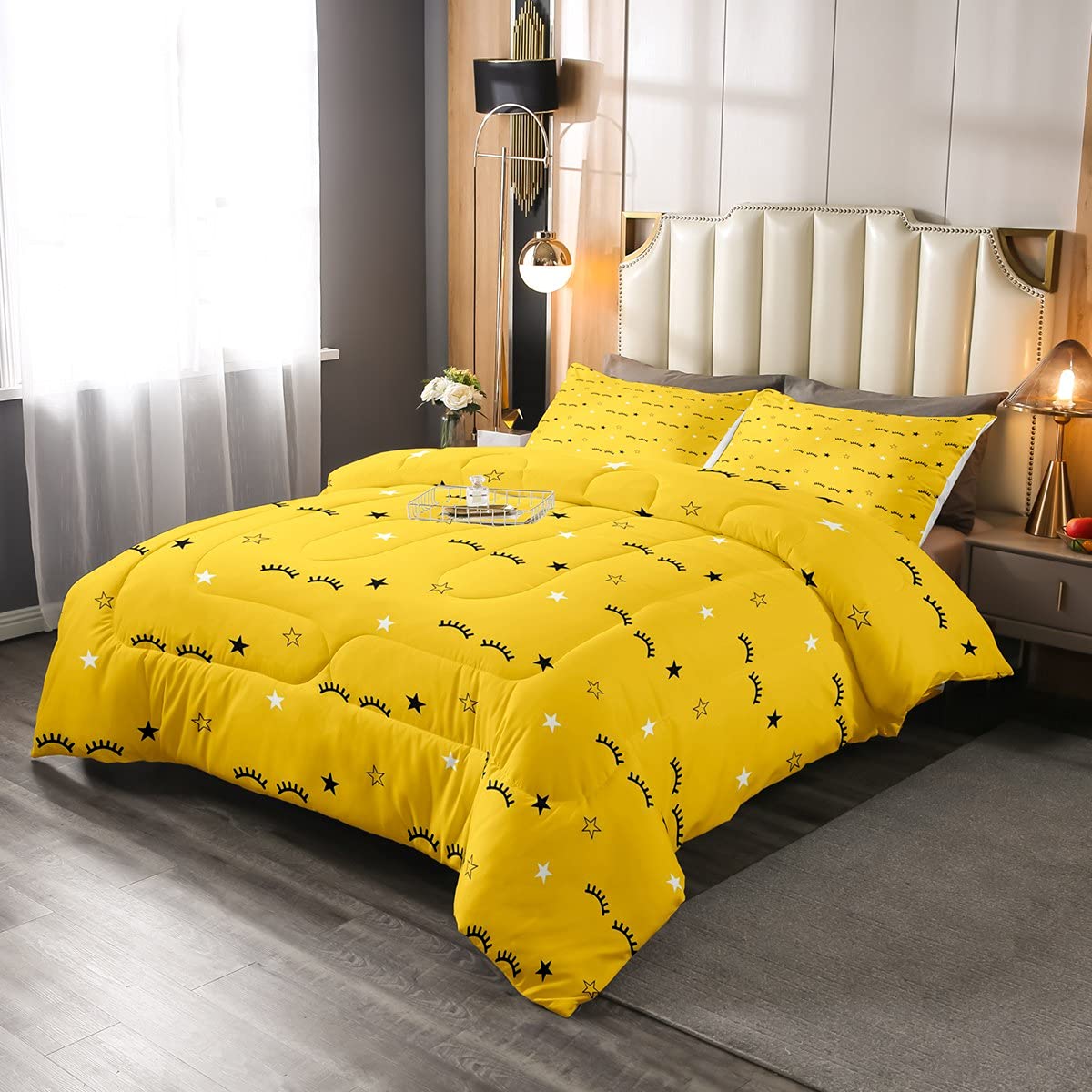 Feelyou Yellow Eyelash Star Comforter Set - Twin Size Soft & Cute Bedding for Kids, Boys, Girls & Teens - 1 Comforter + 1 Pillowcase - Kawaii Bedroom Decor for Cozy Sleepovers & Themed Rooms