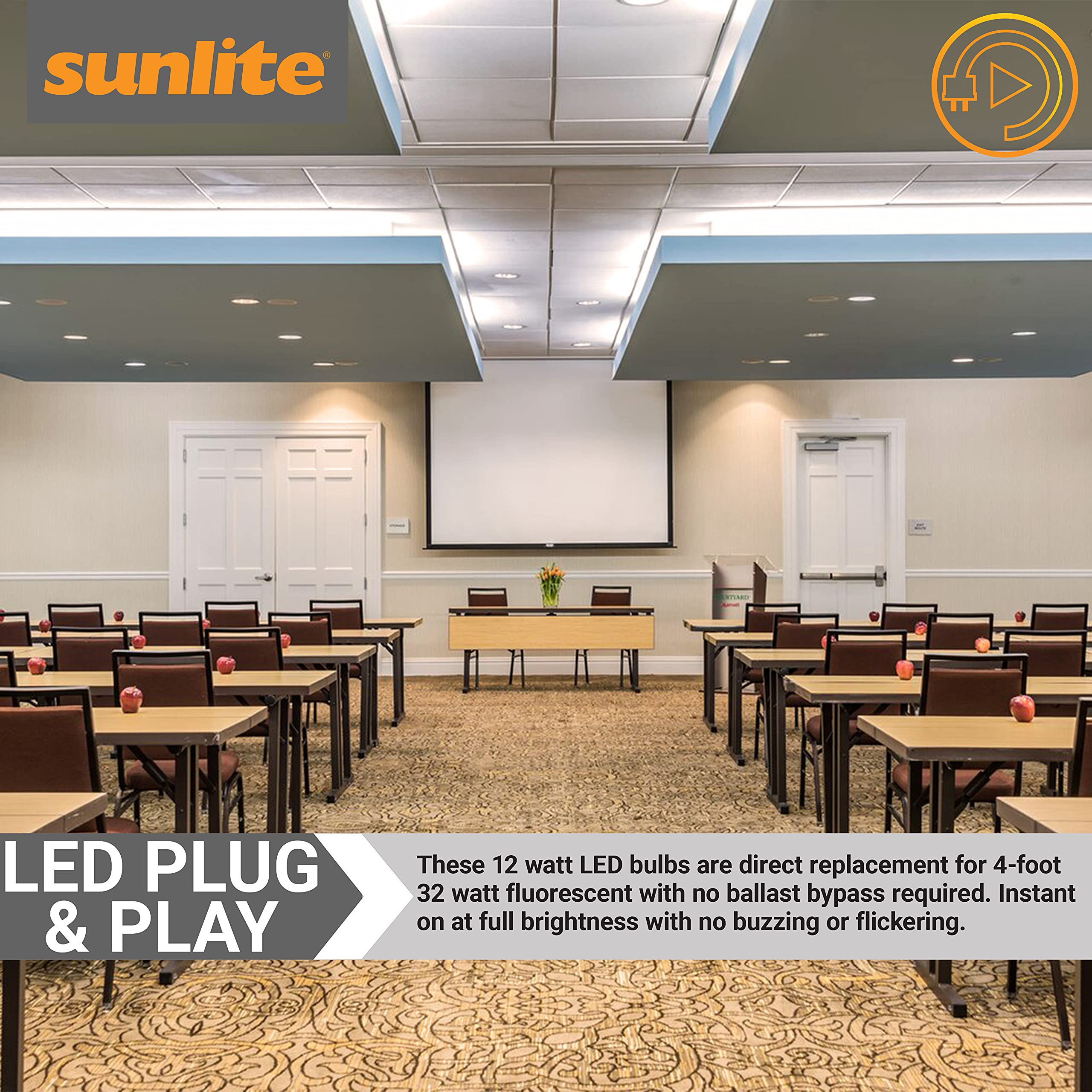 Sunlite 87922 LED T8 Plug & Play Light Tube (Type A) 4 ft, 12 Watt (32W Equivalent) 1800 Lumens, Medium G13 Bi-Pin Base, Dual End Connection, Electronic Ballast Compatible, 4000K Cool White, 25 Pack - Energy Efficient Lighting for Offices, Warehouses & Retail Spaces