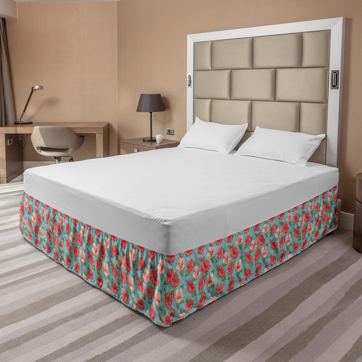 Ambesonne King Size Elastic Bed Skirt - Tropical Hibiscus Flower & Bubble Design Wrap Around Dust Ruffle, Teal Coral Bedroom Decor for Master Bedroom, Guest Room or Vacation Home