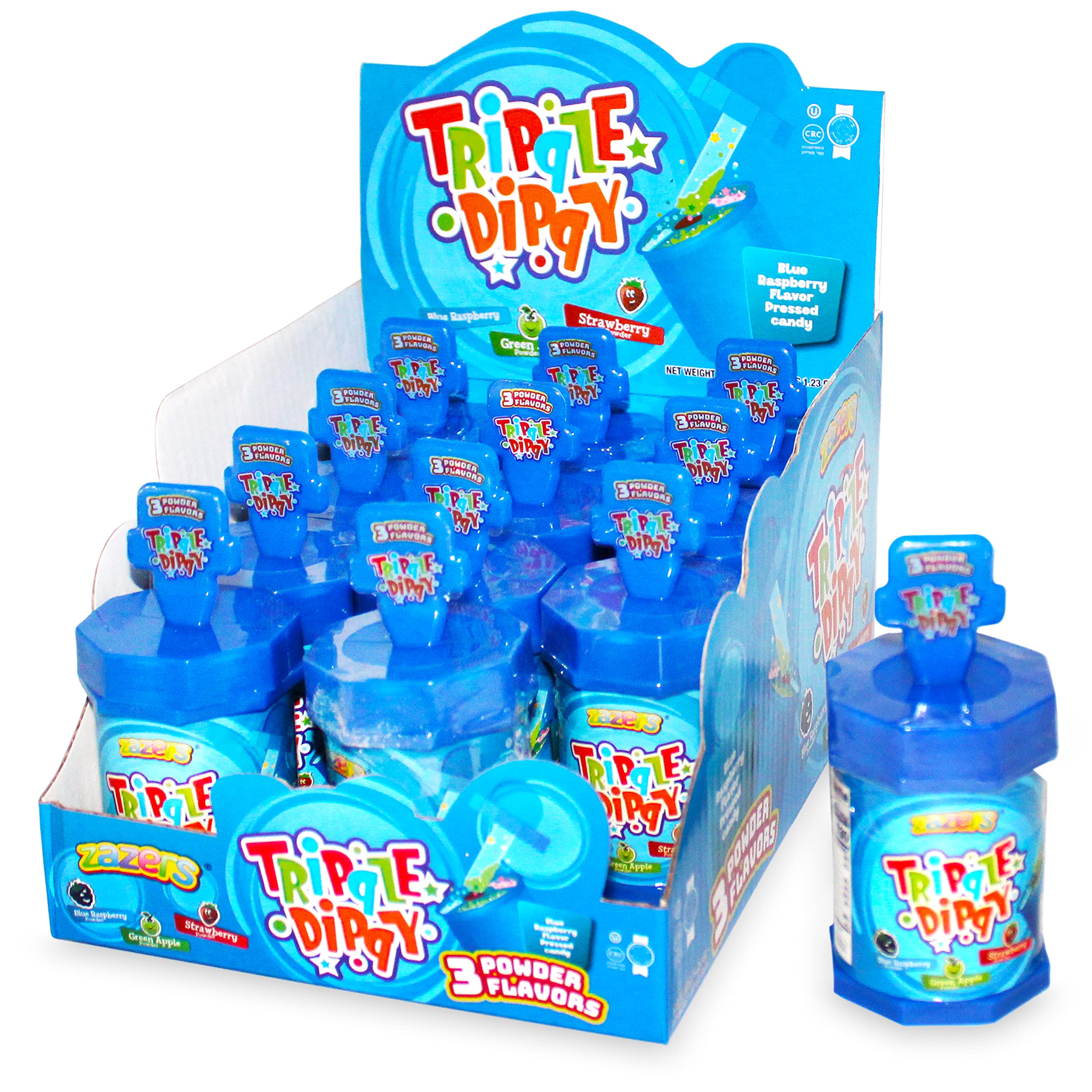 Blue Raspberry Lollipop with Sour Powder Candy - 12 Pack Zazers Triple Dippy Candy (Kosher, 14.76 OZ) - Perfect for Parties, Halloween Treats & Sweet Tooth Cravings