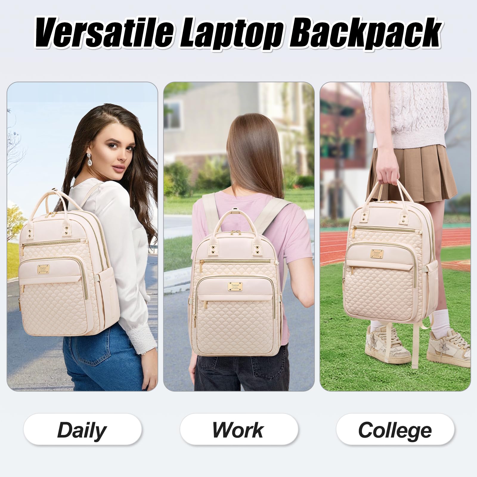 Stylish 15.6 Inch Water Resistant Laptop Backpack for Women - Durable Work & Travel Backpack with Wallet - Perfect for College, Business Trips & Commuting (Beige)