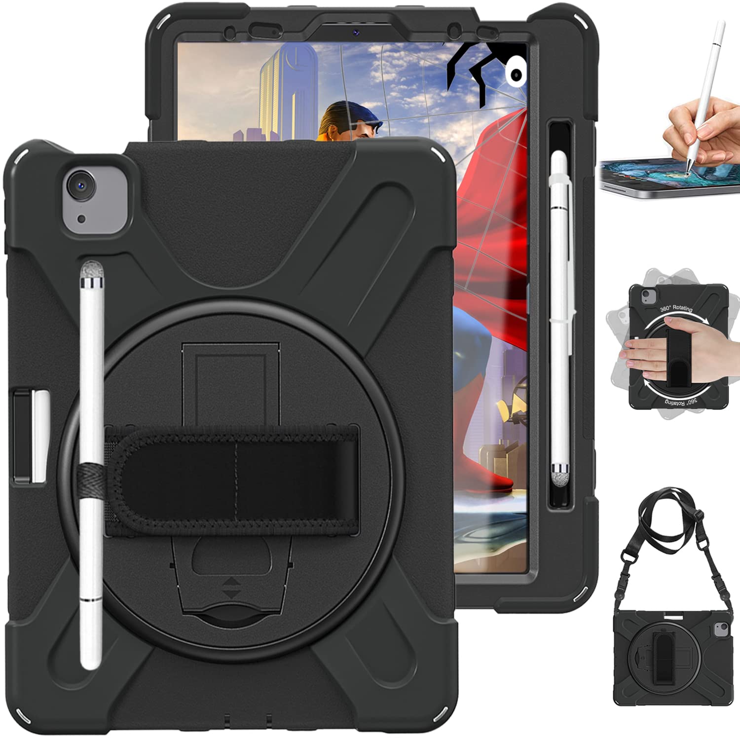 Military Grade Shockproof iPad Air 5/4 & Pro 11 Case with Pencil Holder, Rotating Stand & Adjustable Strap - Heavy Duty Protective Cover for Work, Travel & Outdoor Use - Black