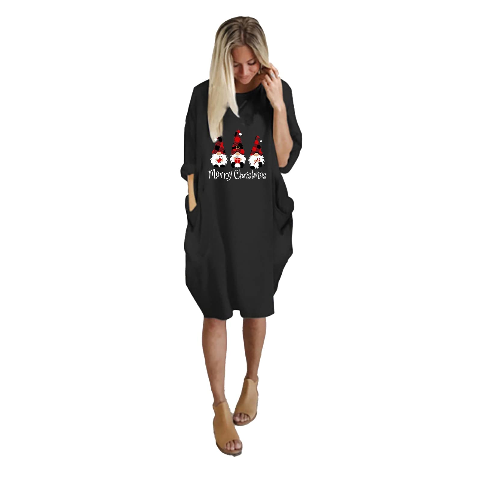 Elegant Women's Long Sleeve Round Neck Printed Dress with Pockets - Perfect for Wedding Guest, Christmas Party & Fall Winter Casual Wear