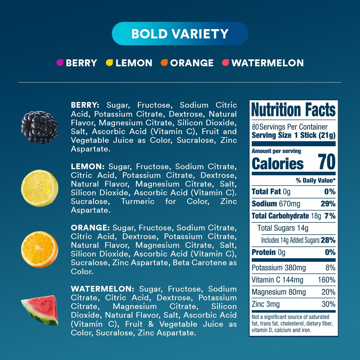 DripDrop Hydration Electrolyte Powder Packets - Bold Variety Pack (Watermelon, Berry, Lemon, Orange) | Fast-Acting Rehydration for Athletes & Outdoor Activities | Non-GMO, Gluten Free, Vegan | 80 Single-Serve Sticks for Sports, Travel & Emergency Kits
