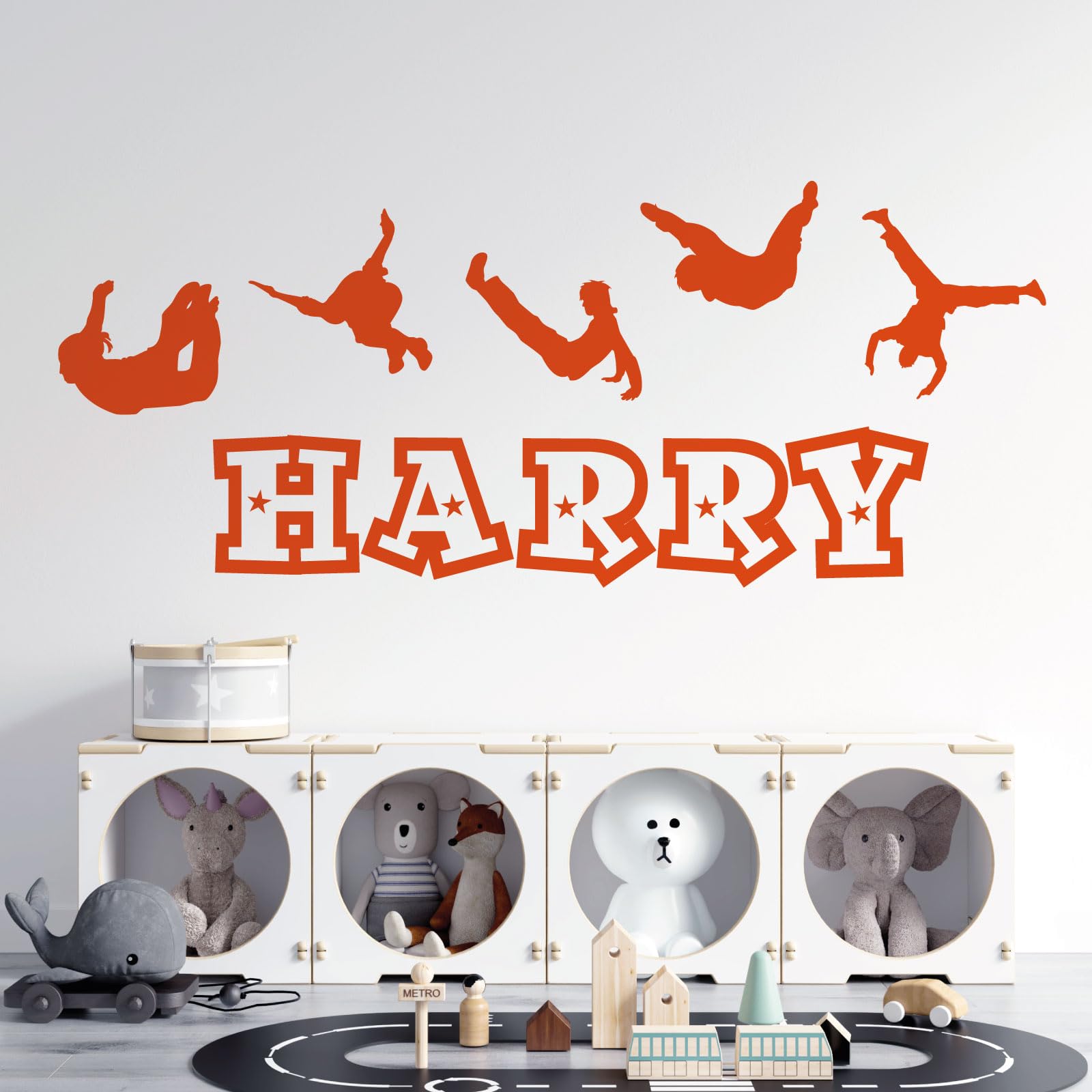 Custom Boys Name Wall Decals - Parkour Themed Silhouette Stickers (Chocolate Brown) - Perfect for Kids' Bedroom, Playroom & Nursery Decor