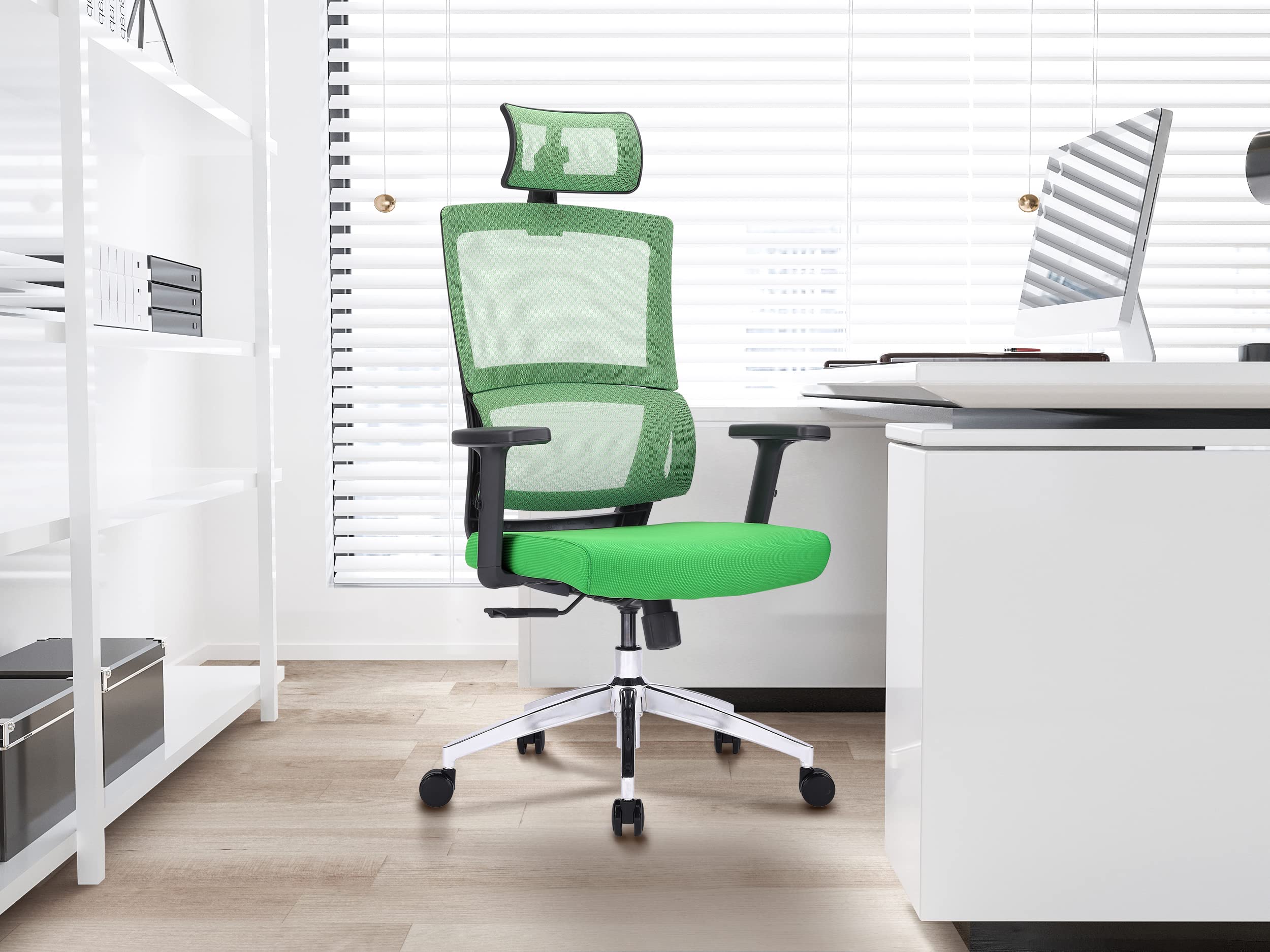 Ergonomic Mesh Office Chair with Adjustable Headrest & Lumbar Support - High Back Swivel Computer Desk Chair with PU Wheels & Tilt Function for Home Office, Gaming, and Executive Workspaces - Green
