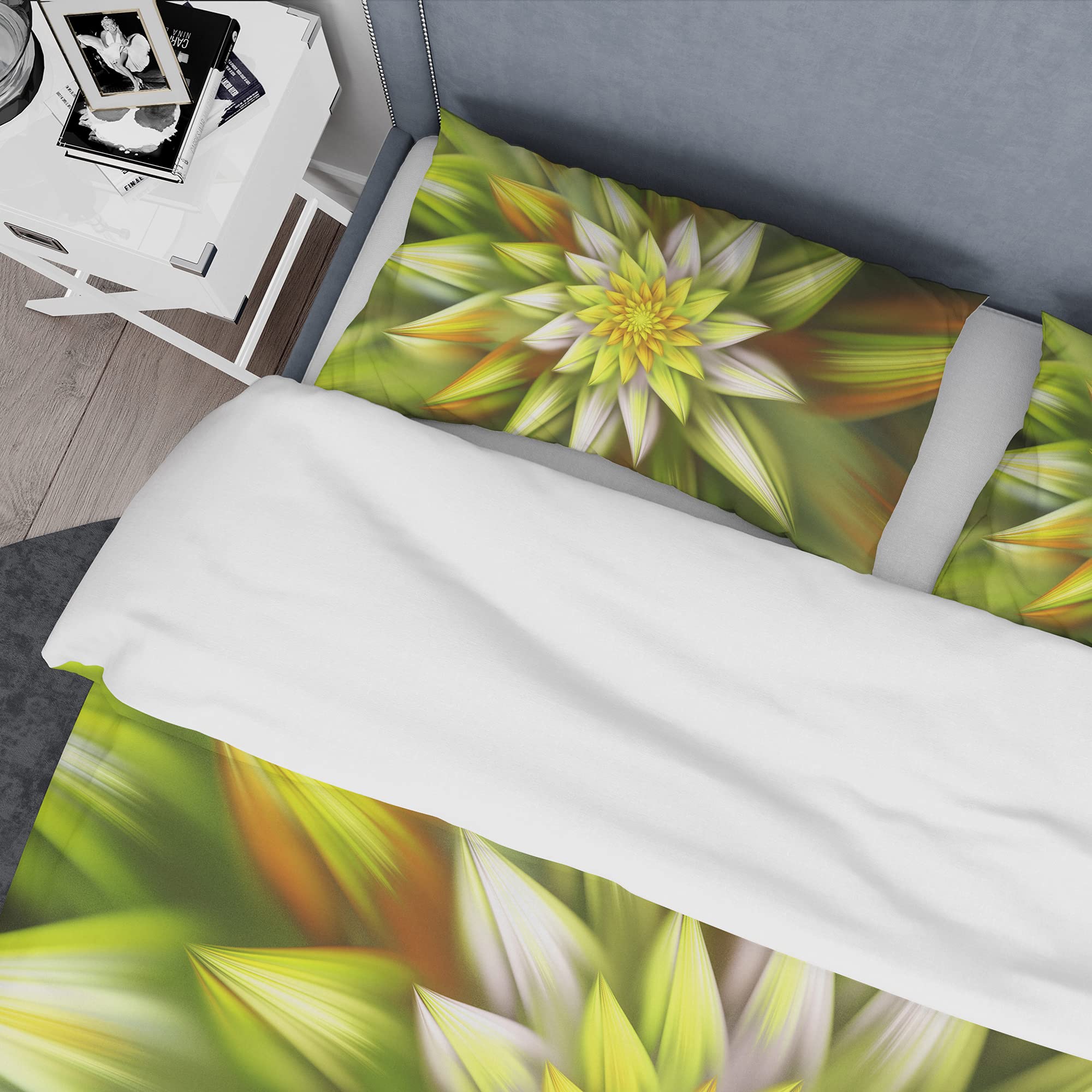 Yellow Fractal Flower Duvet Cover Set King - Modern Floral Bedding for All Seasons