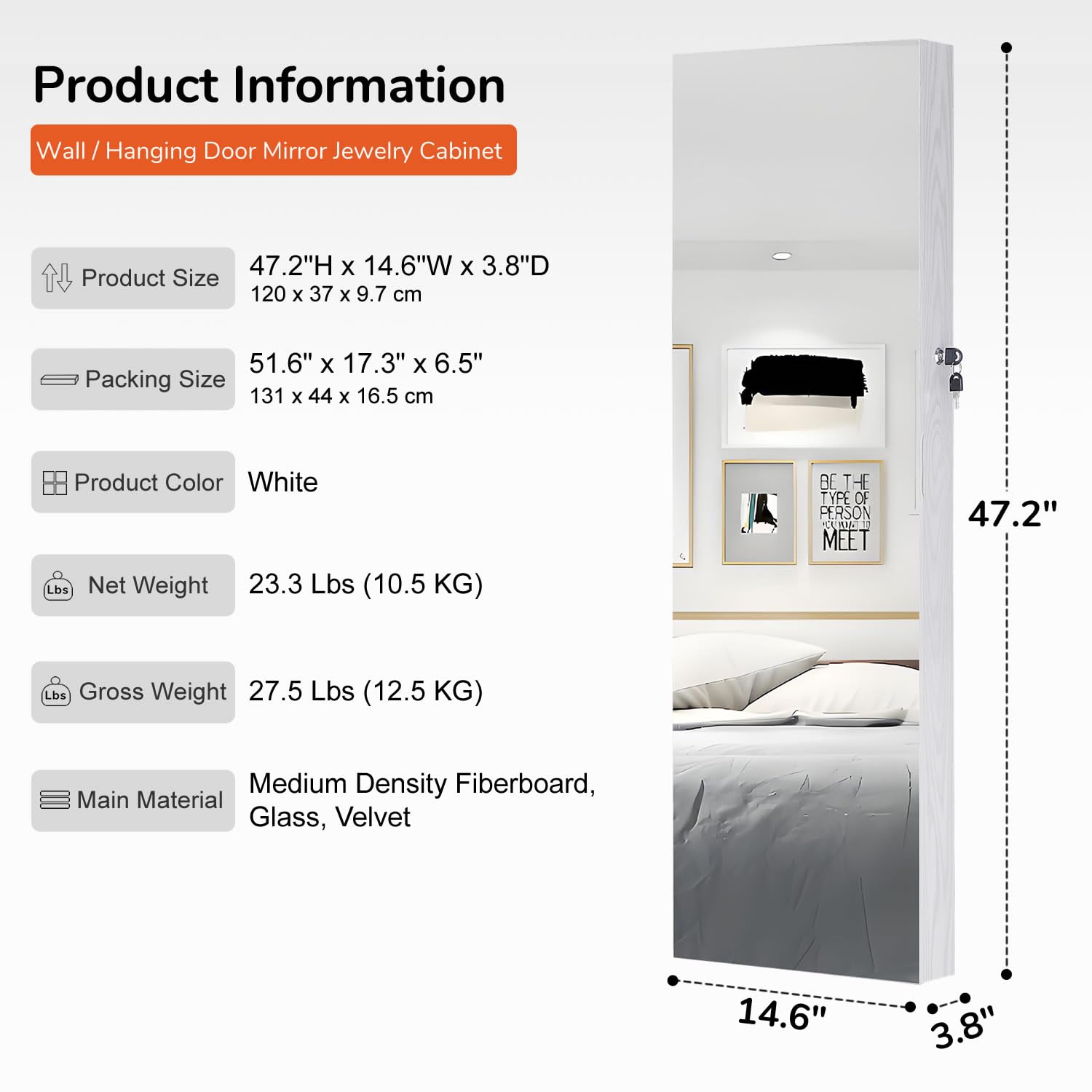 GISSAR Full Length Mirror Jewelry Cabinet with 6 LED Lights - Wall Mounted or Over The Door Hanging Jewelry Armoire - Lockable White Jewelry Organizer Storage for Bedroom, Closet & Dressing Room